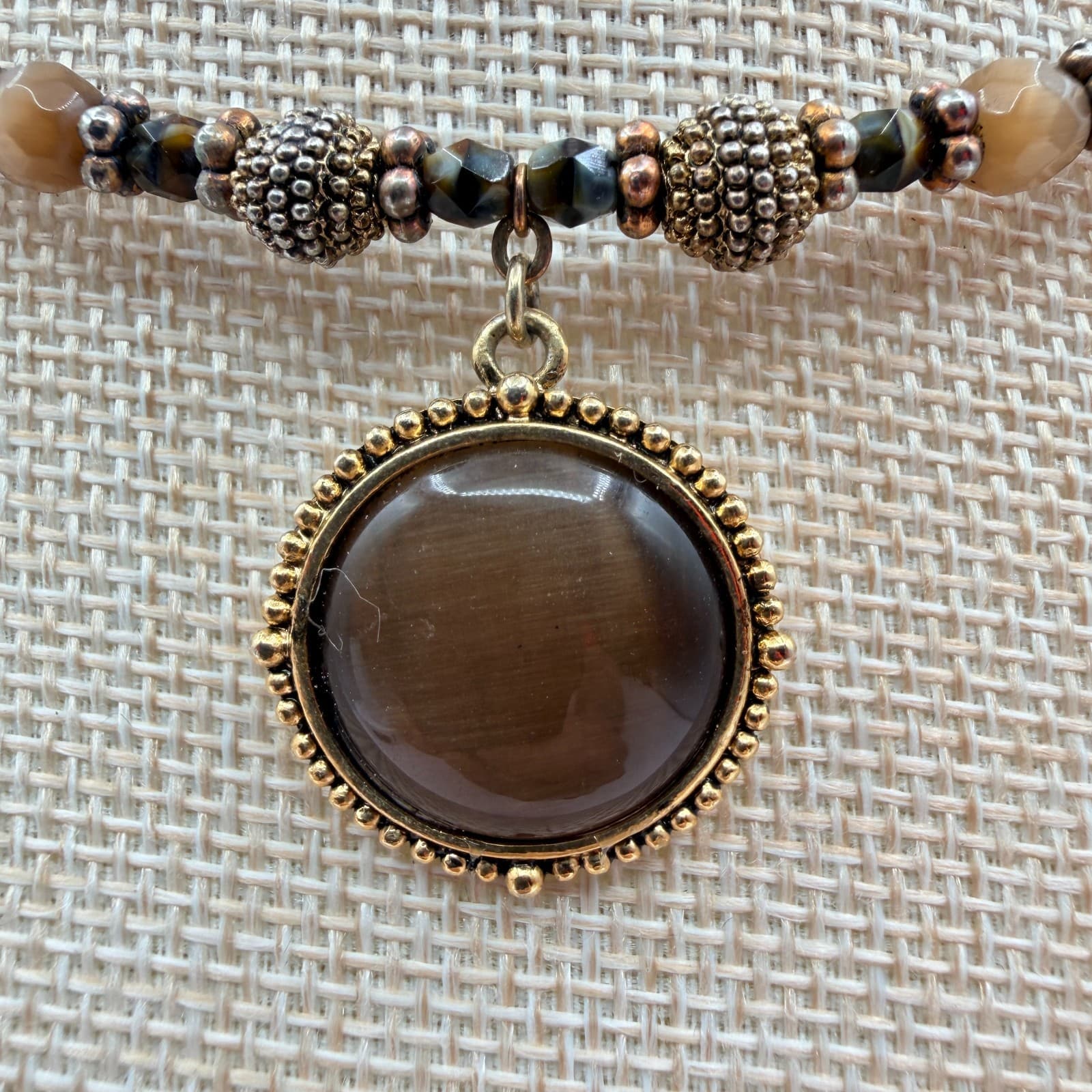 Vintage 90s Gold Tone Beaded Round Pendant Necklace Boho Women's Classic Jewelry - Thumbnail 10