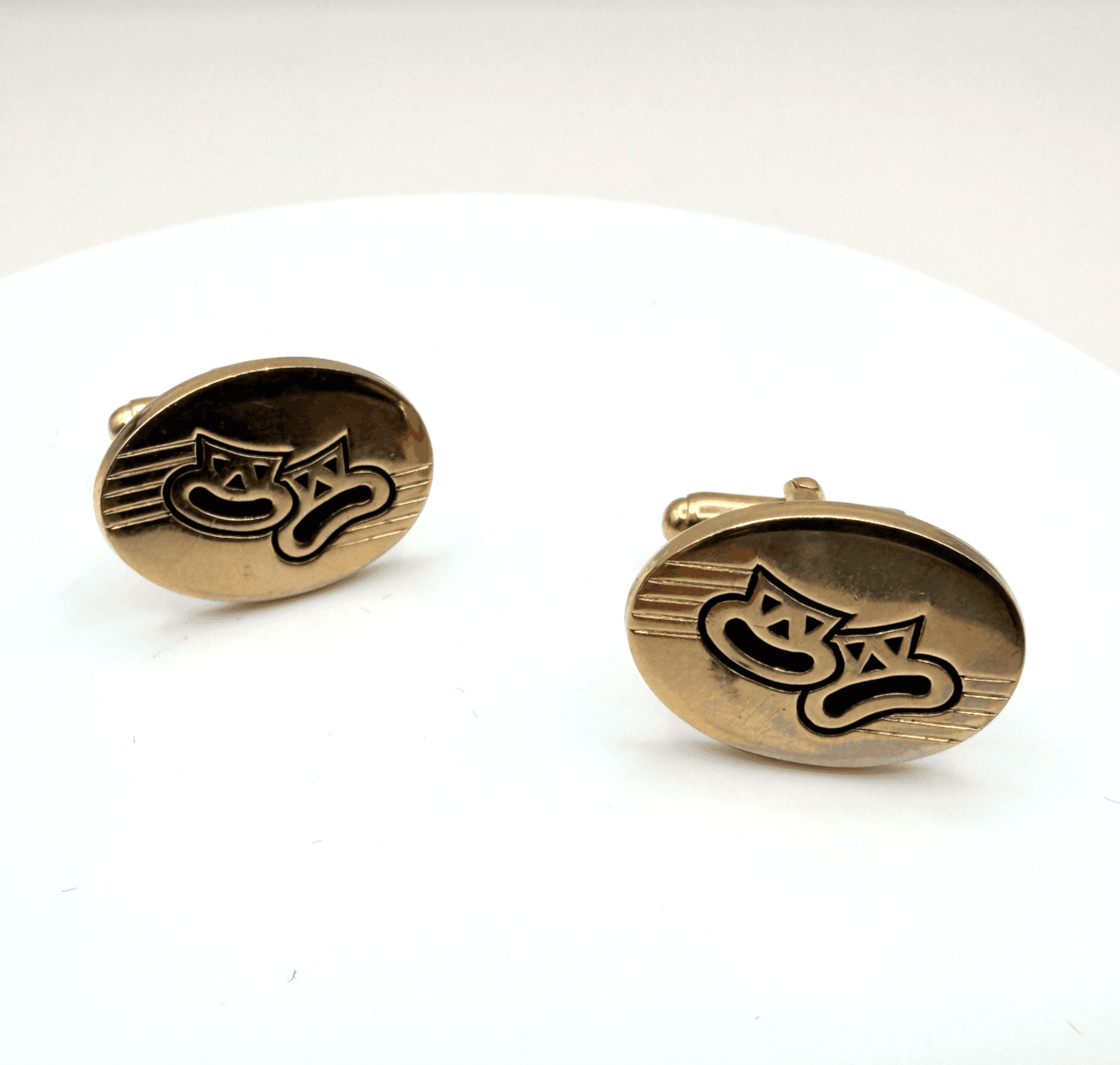 Vintage 90s Gold Tone Comedy Tragedy Theater Masks Oval Cufflinks Art Jewelry - Image 1