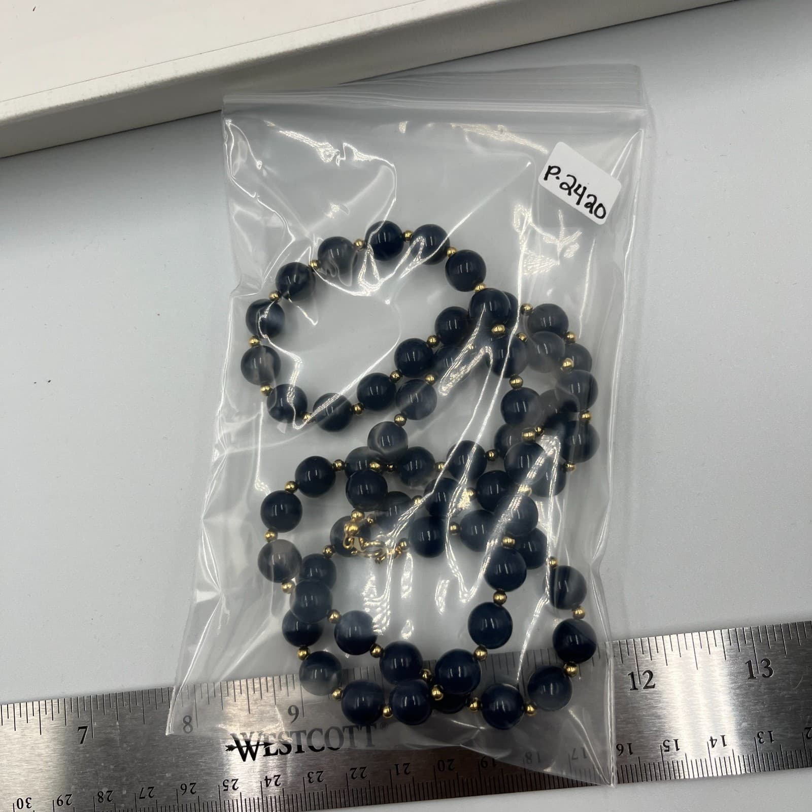 Vintage Black Beaded Necklace Gold Tone Spacer Beads Round Jewelry 24" Strand - Thumbnail 8