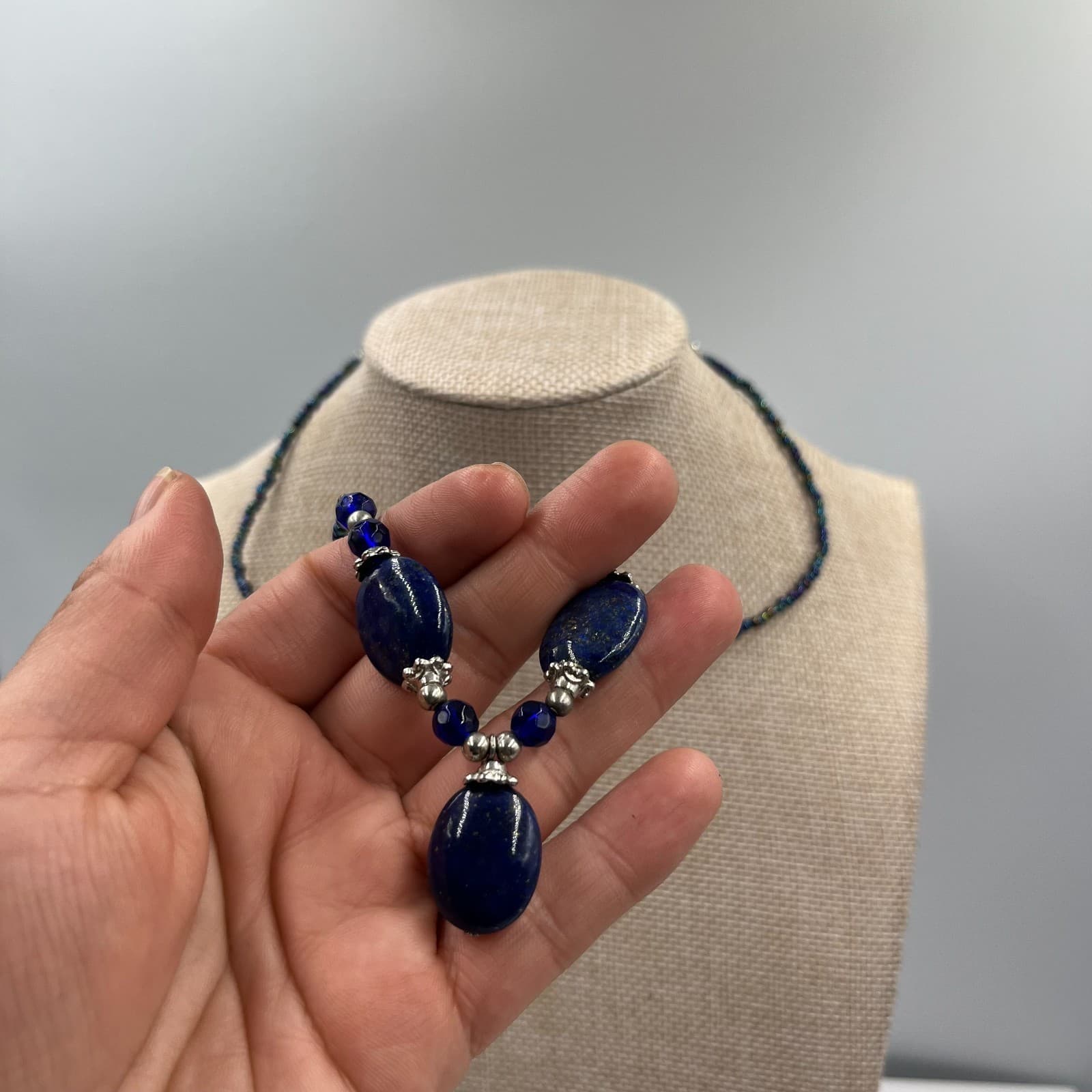 Vintage Multi Strand Lapis Lazuli Blue Glass Seed Bead Necklace Boho Statement - Thumbnail 4