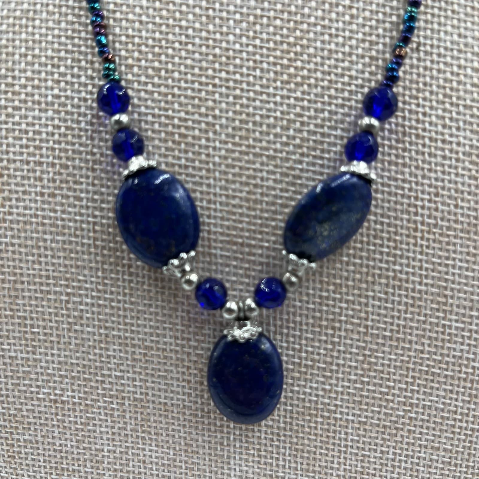 Vintage Multi Strand Lapis Lazuli Blue Glass Seed Bead Necklace Boho Statement - Thumbnail 3
