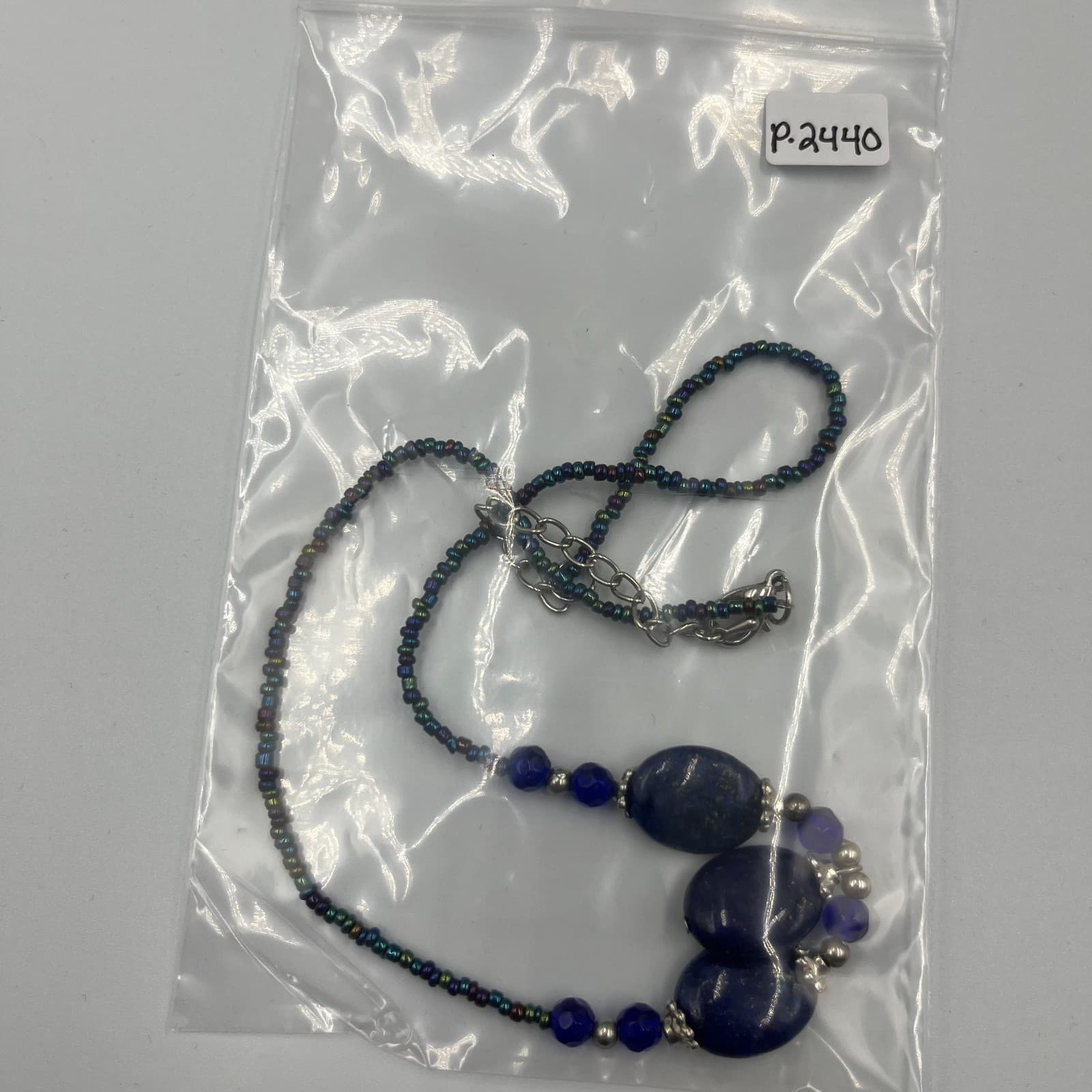 Vintage Multi Strand Lapis Lazuli Blue Glass Seed Bead Necklace Boho Statement - Thumbnail 8