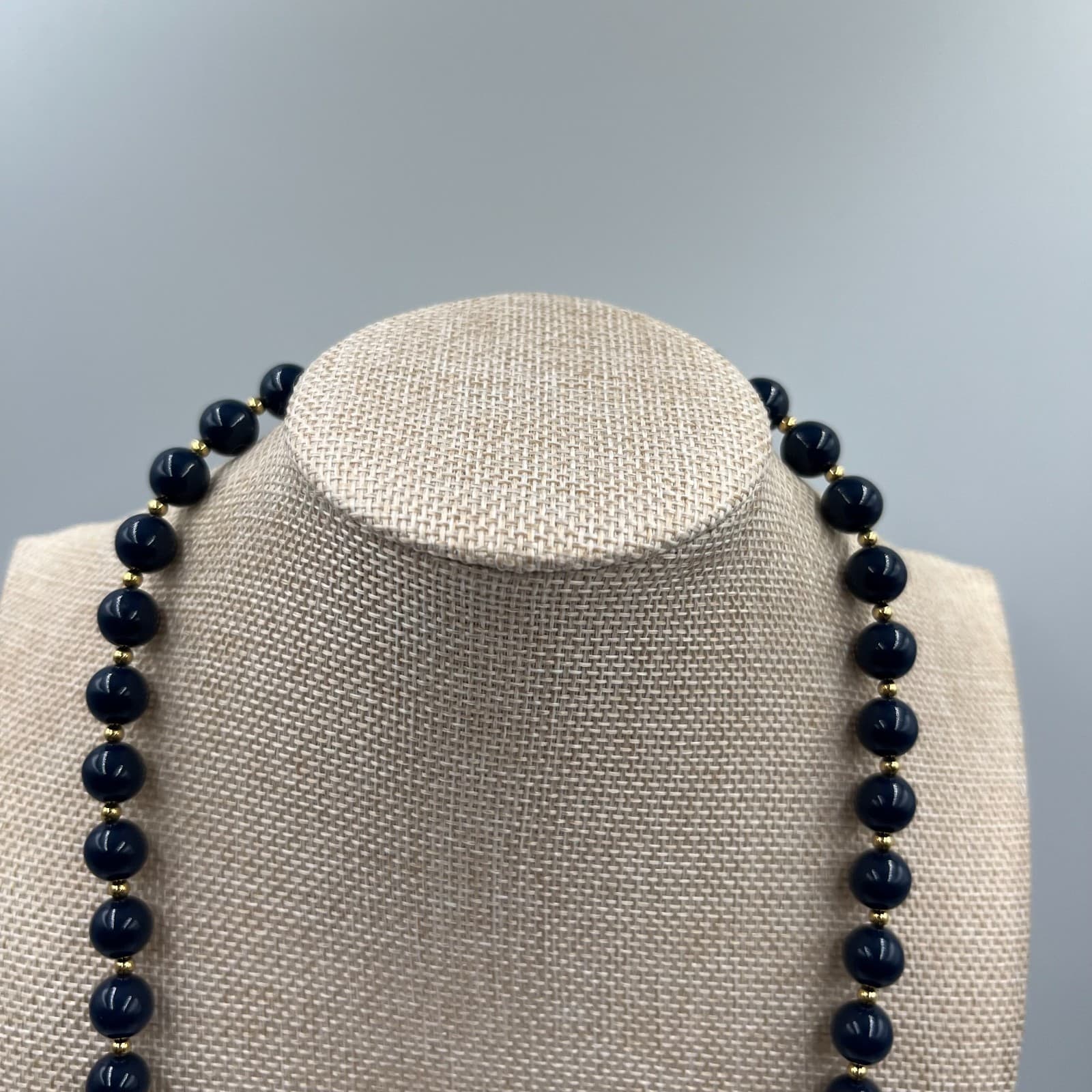 Vintage Black Beaded Necklace Gold Tone Spacer Beads Round Jewelry 24" Strand - Thumbnail 2