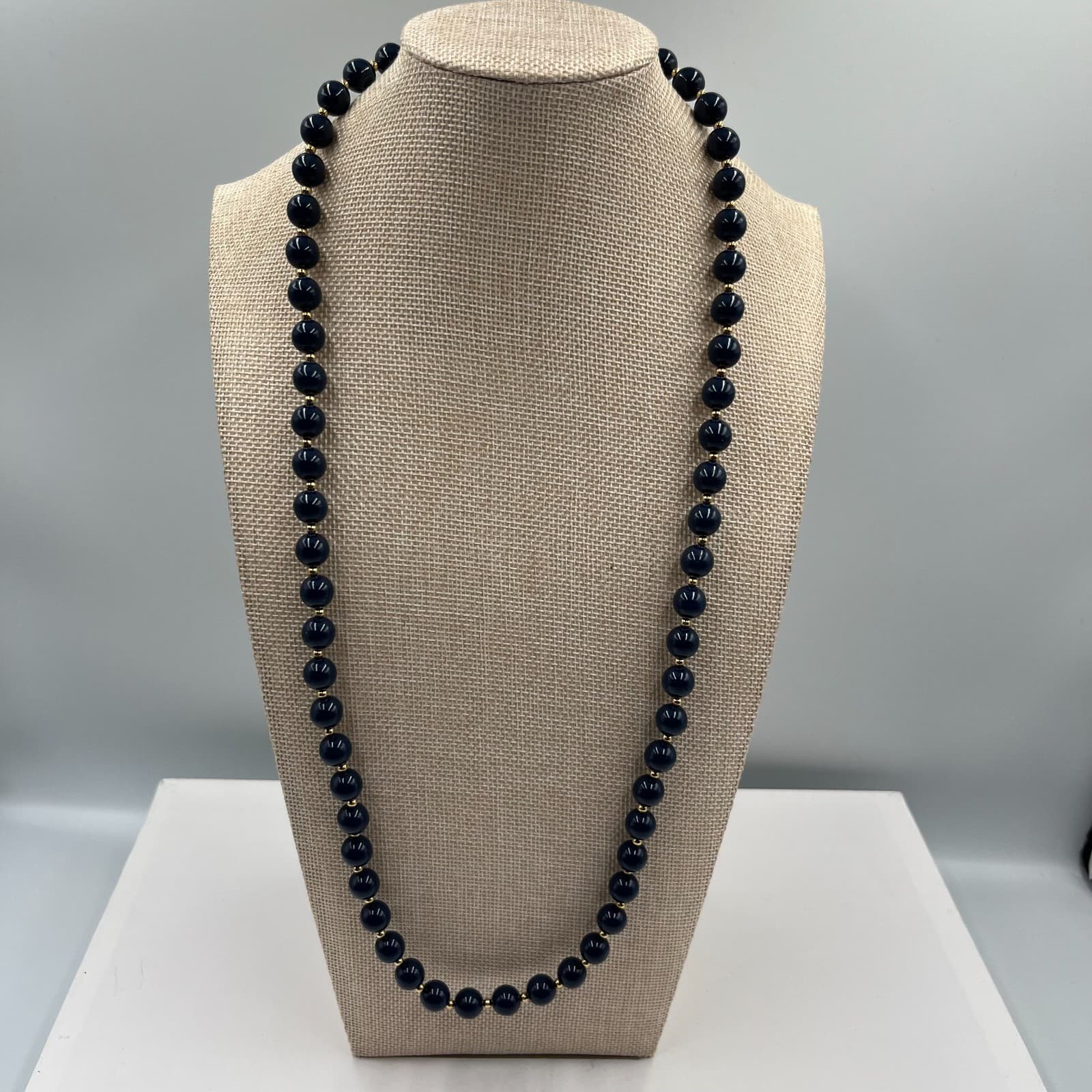 Vintage Black Beaded Necklace Gold Tone Spacer Beads Round Jewelry 24" Strand - Image 1