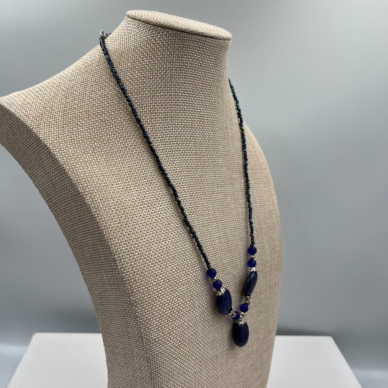 Vintage Multi Strand Lapis Lazuli Blue Glass Seed Bead Necklace Boho Statement - Thumbnail 5