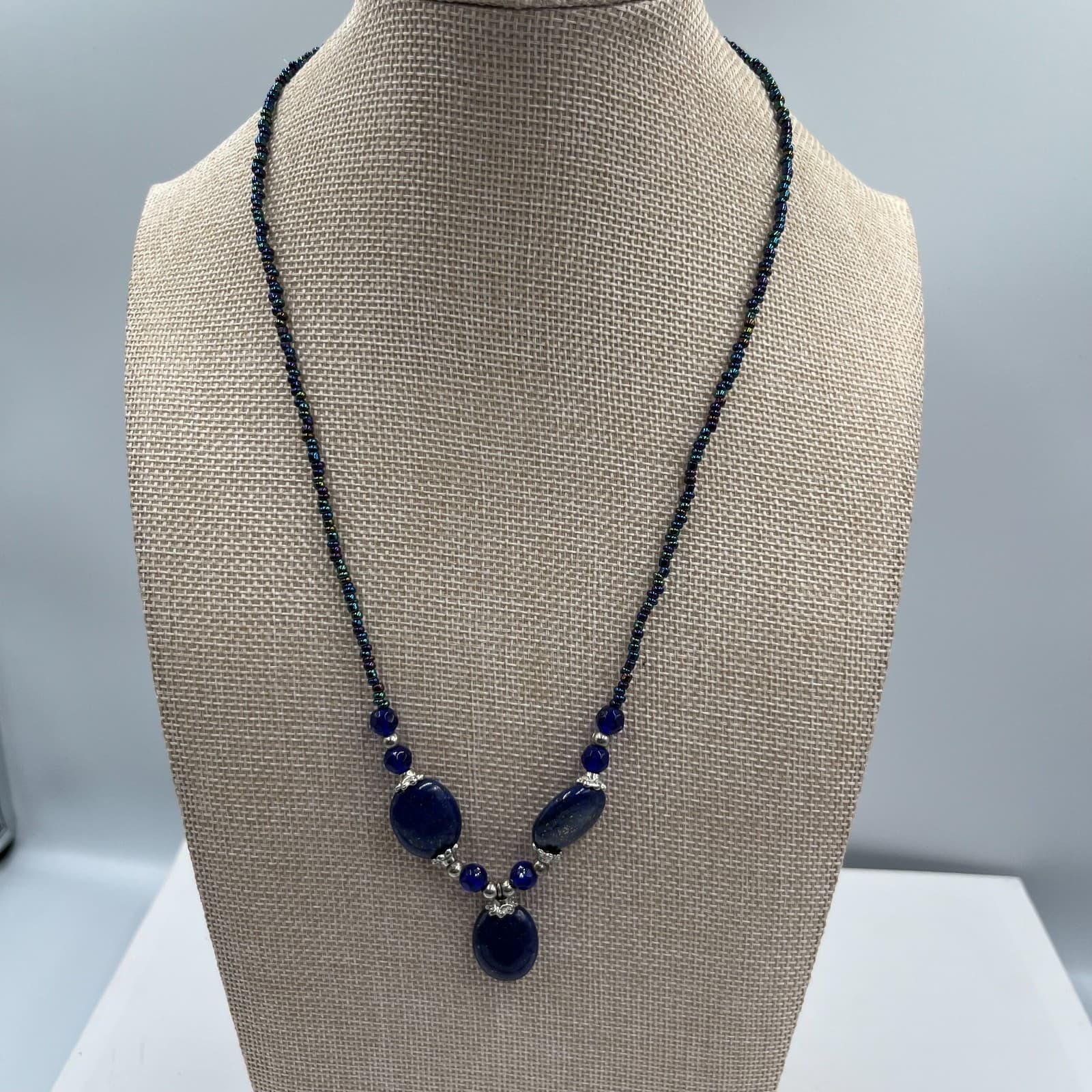 Vintage Multi Strand Lapis Lazuli Blue Glass Seed Bead Necklace Boho Statement - Image 1