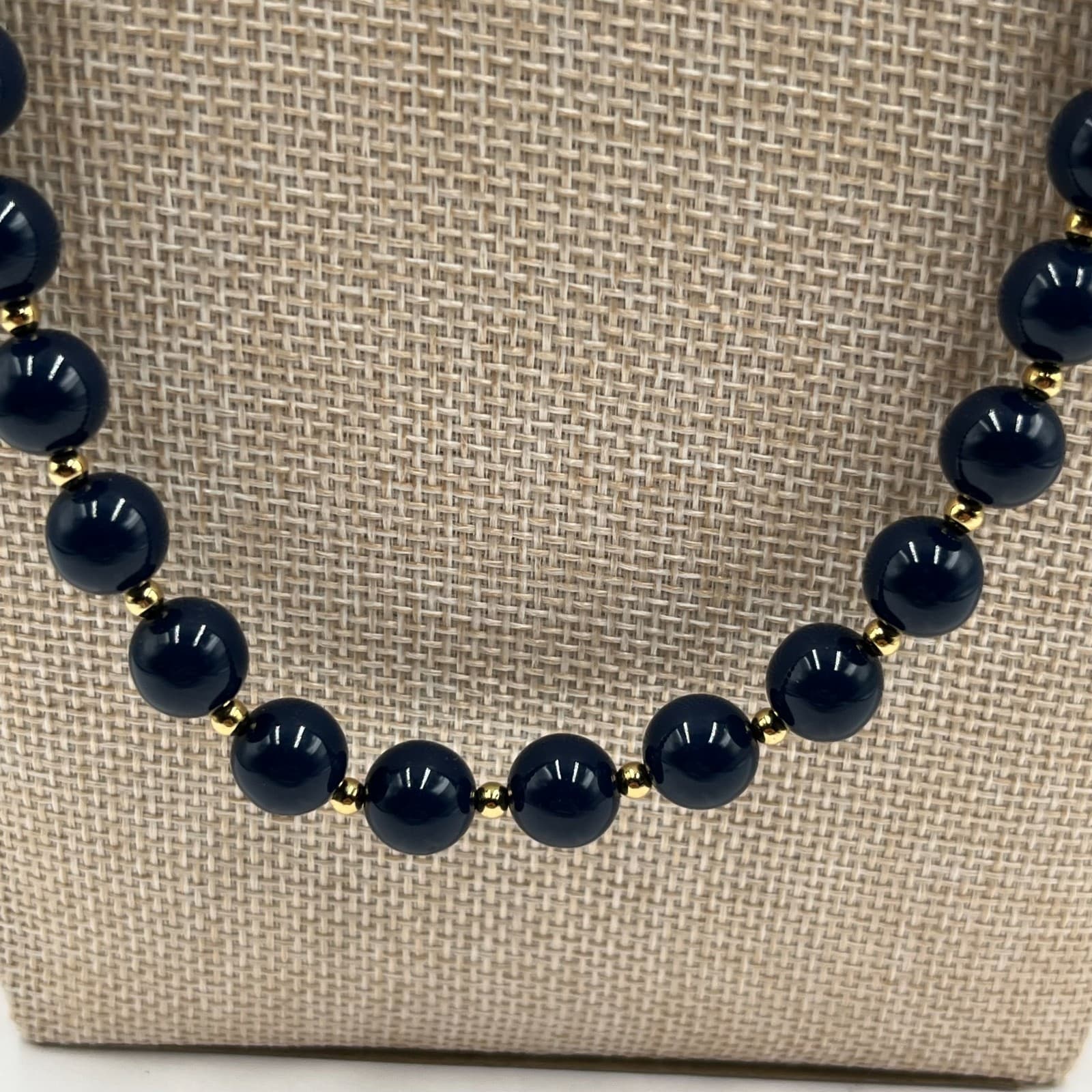 Vintage Black Beaded Necklace Gold Tone Spacer Beads Round Jewelry 24" Strand - Thumbnail 3