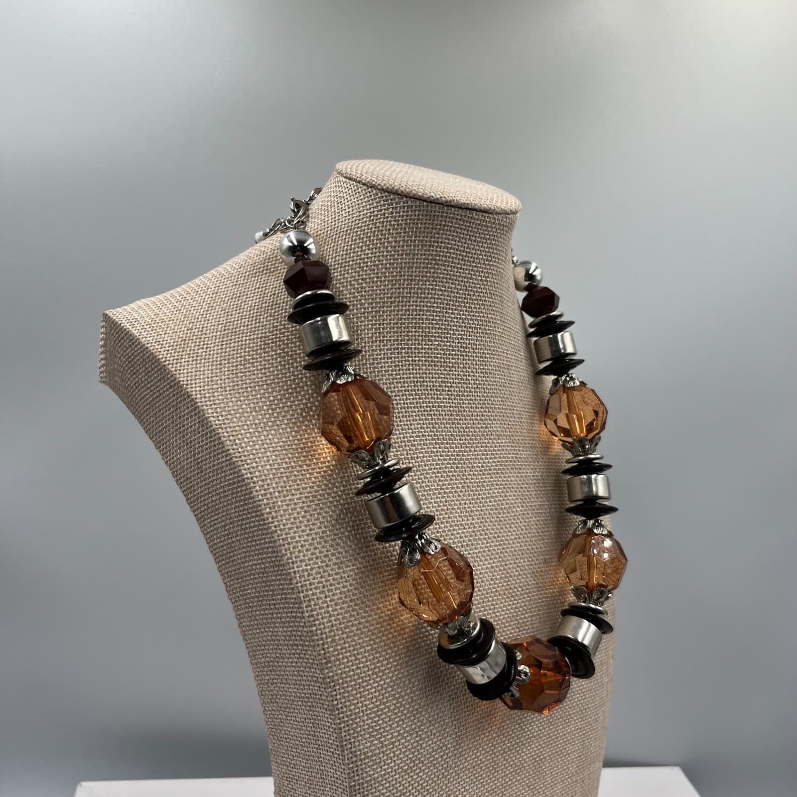 Vtg Amber & Black Beaded Necklace Large Faceted Chunky Boho Statement Jewelry - Thumbnail 4