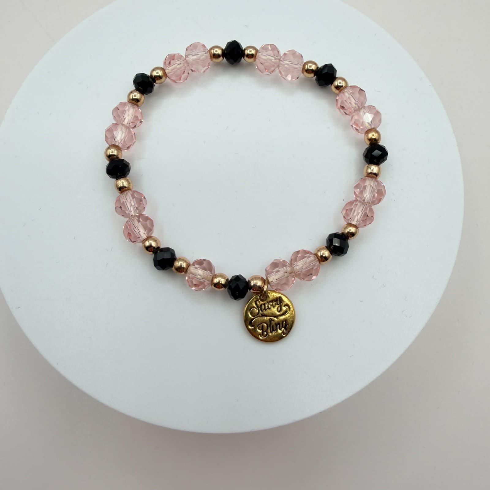 Vintage Y2K Savvy Bling Pink Black Faceted Bead Stretch Bracelet Boho Jewelry - Thumbnail 8