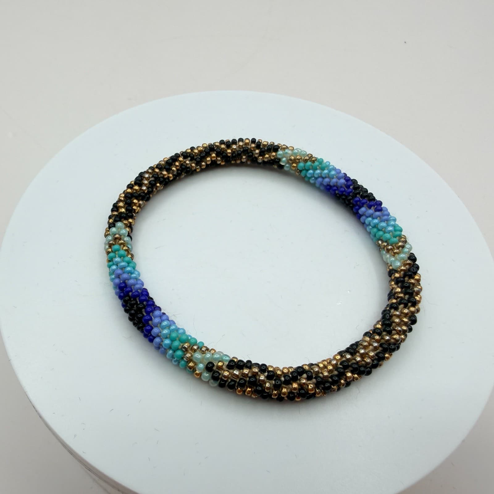 Vintage Y2K Boho Artisan Blue Spiral Seed Bead Crochet Rope Bracelet Jewelry - Thumbnail 9