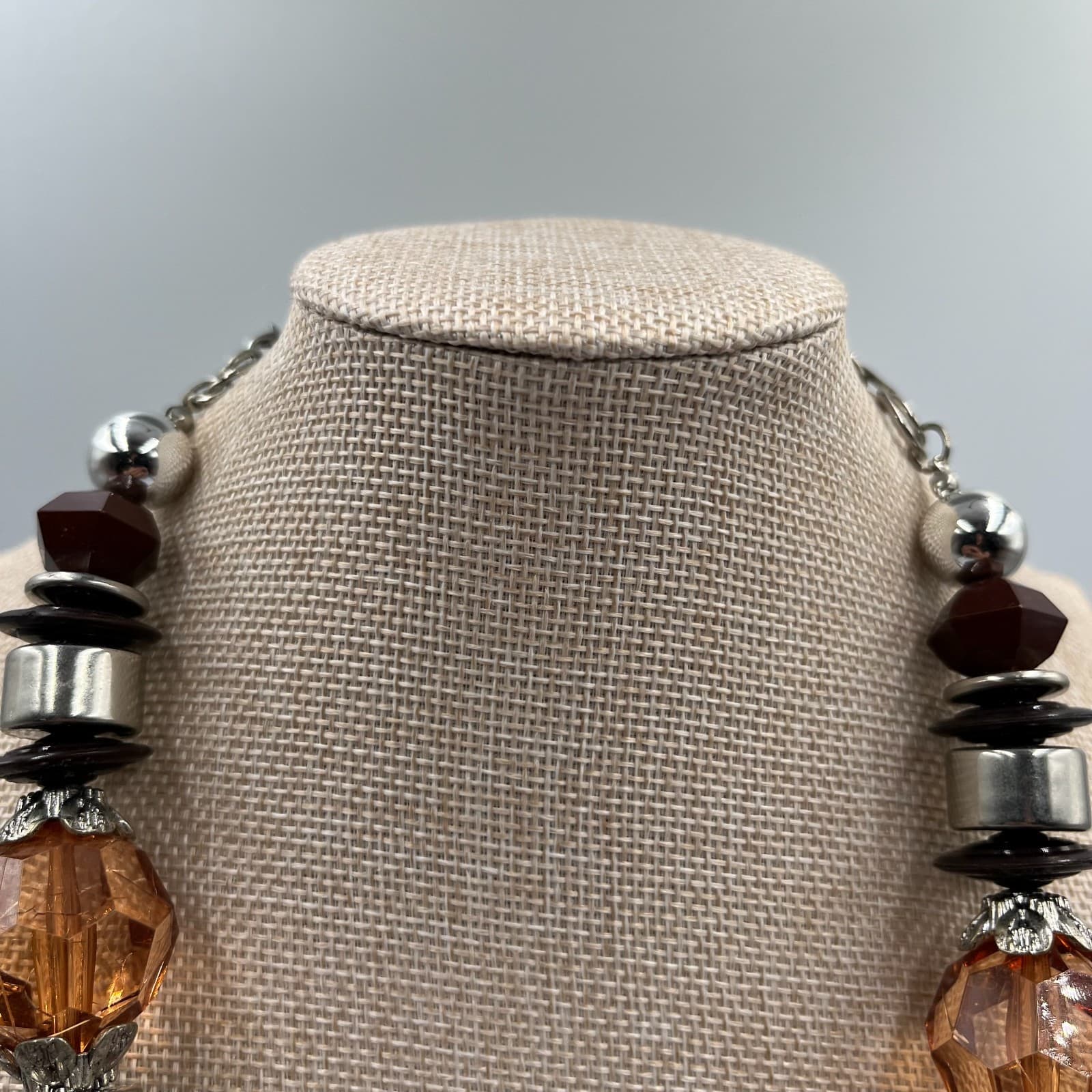 Vtg Amber & Black Beaded Necklace Large Faceted Chunky Boho Statement Jewelry - Thumbnail 2