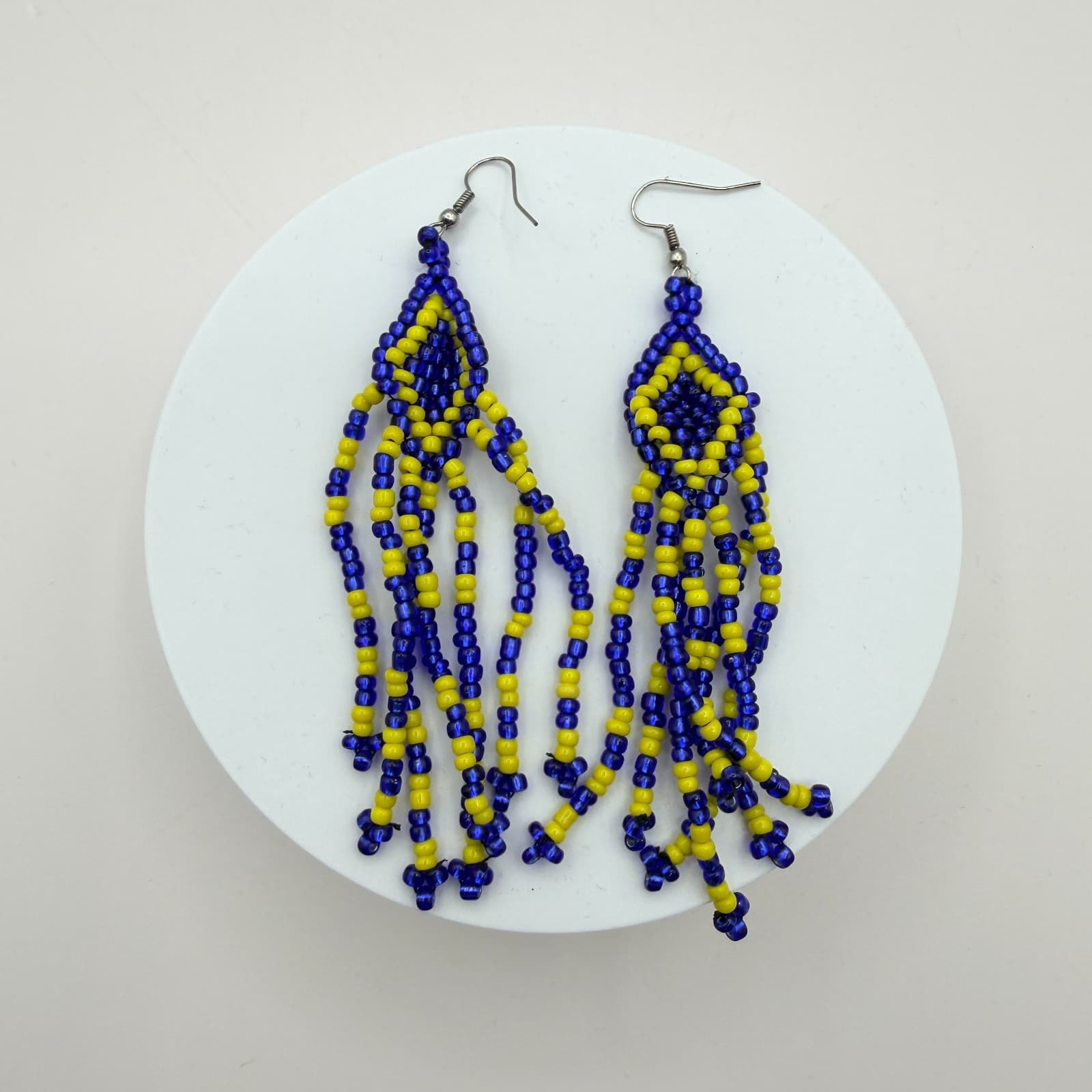 Vintage 80s Ukrainian Flag Beaded Earrings Blue & Yellow Statement Pair Jewelry - Image 1