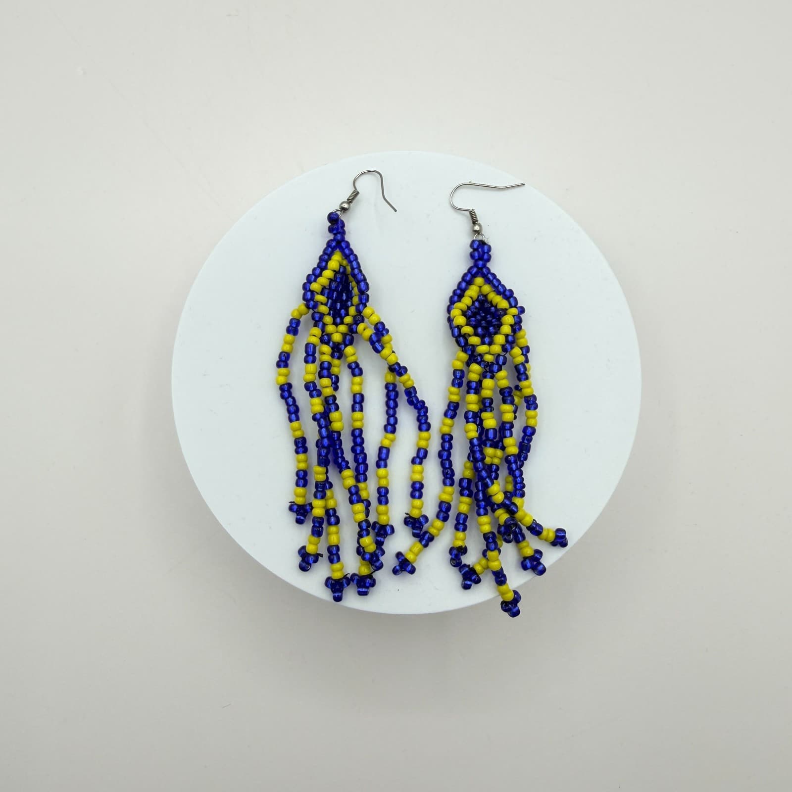 Vintage 80s Ukrainian Flag Beaded Earrings Blue & Yellow Statement Pair Jewelry - Thumbnail 2