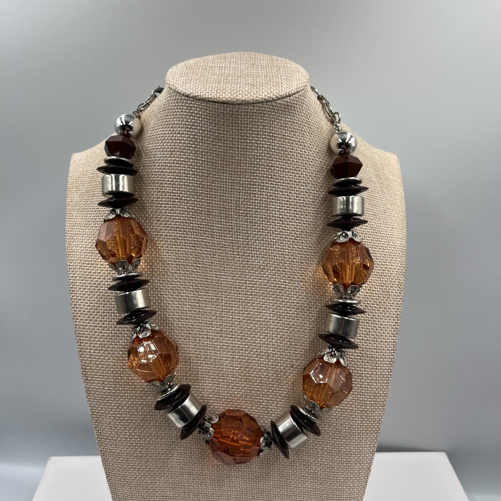 Vtg Amber & Black Beaded Necklace Large Faceted Chunky Boho Statement Jewelry - Image 1