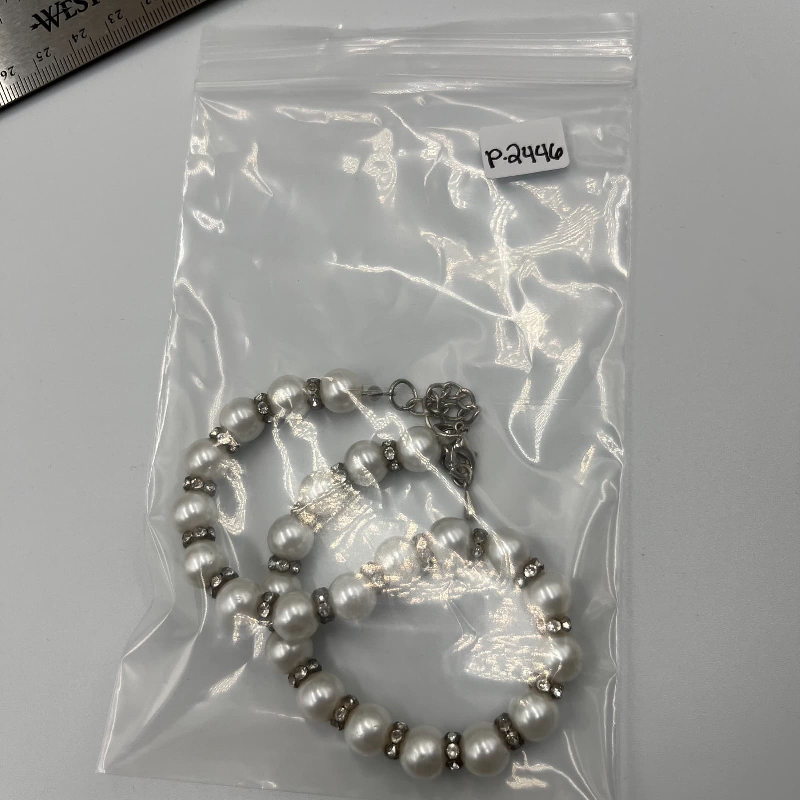 Vintage 3-Strand Faux Pearl Necklace Rhinestone Rondelles Wedding Jewelry 1950s - Thumbnail 7