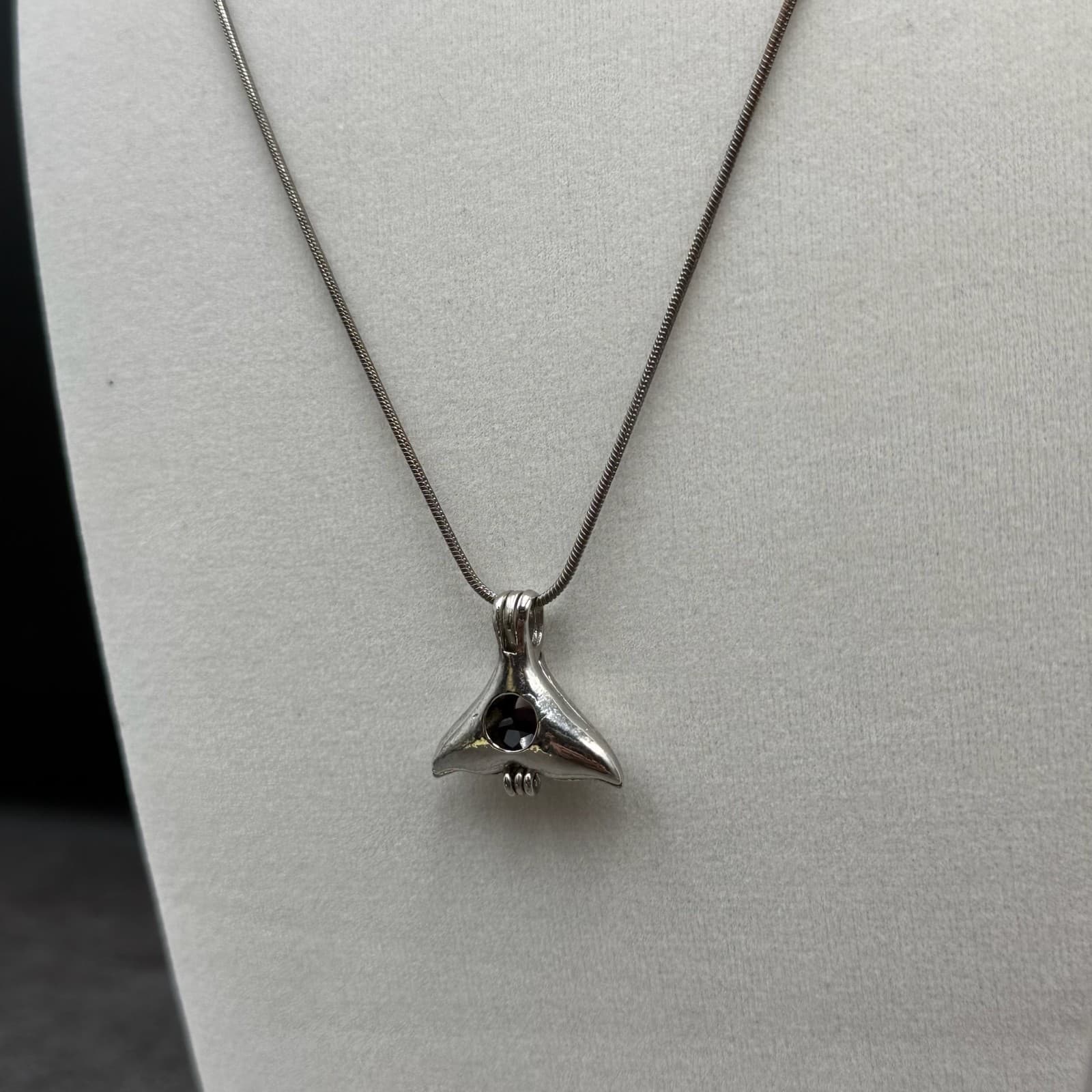 Vintage VTG Silver Tone Whale Tail Dolphin silver Pendant Necklace Snake Chain - Thumbnail 3