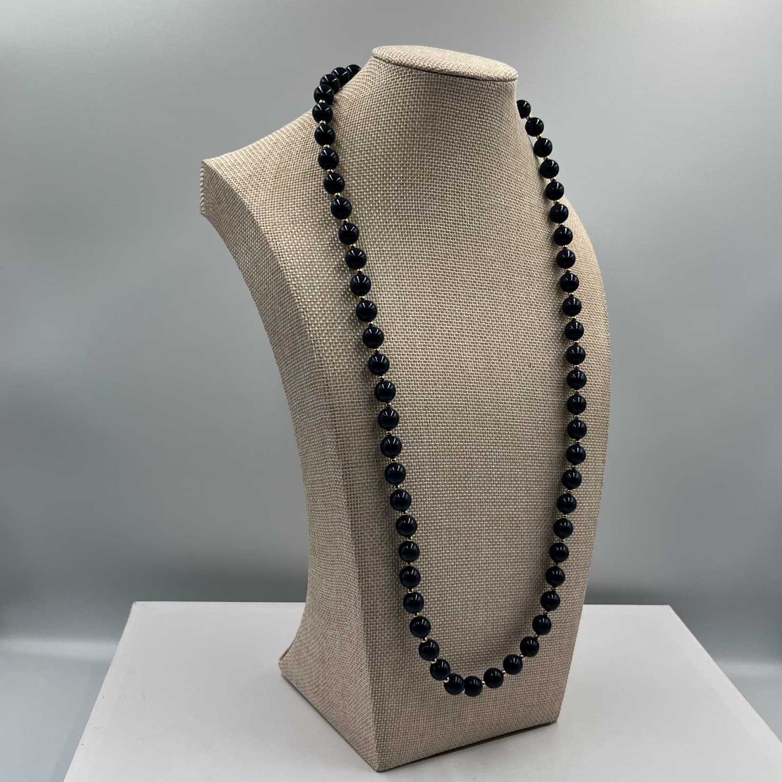 Vintage Black Beaded Necklace Gold Tone Spacer Beads Round Jewelry 24" Strand - Thumbnail 4