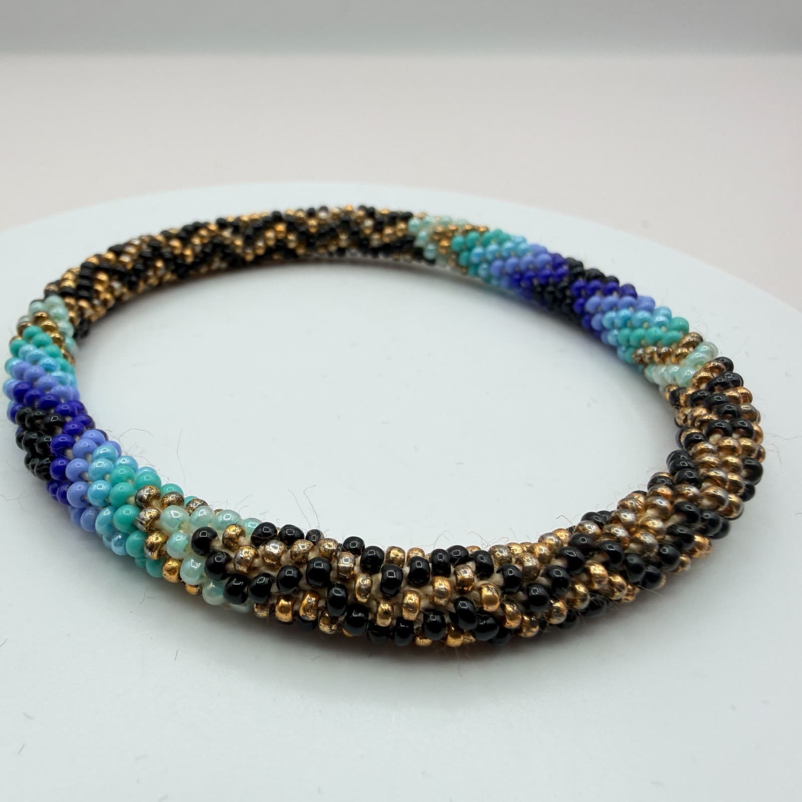 Vintage Y2K Boho Artisan Blue Spiral Seed Bead Crochet Rope Bracelet Jewelry - Thumbnail 6