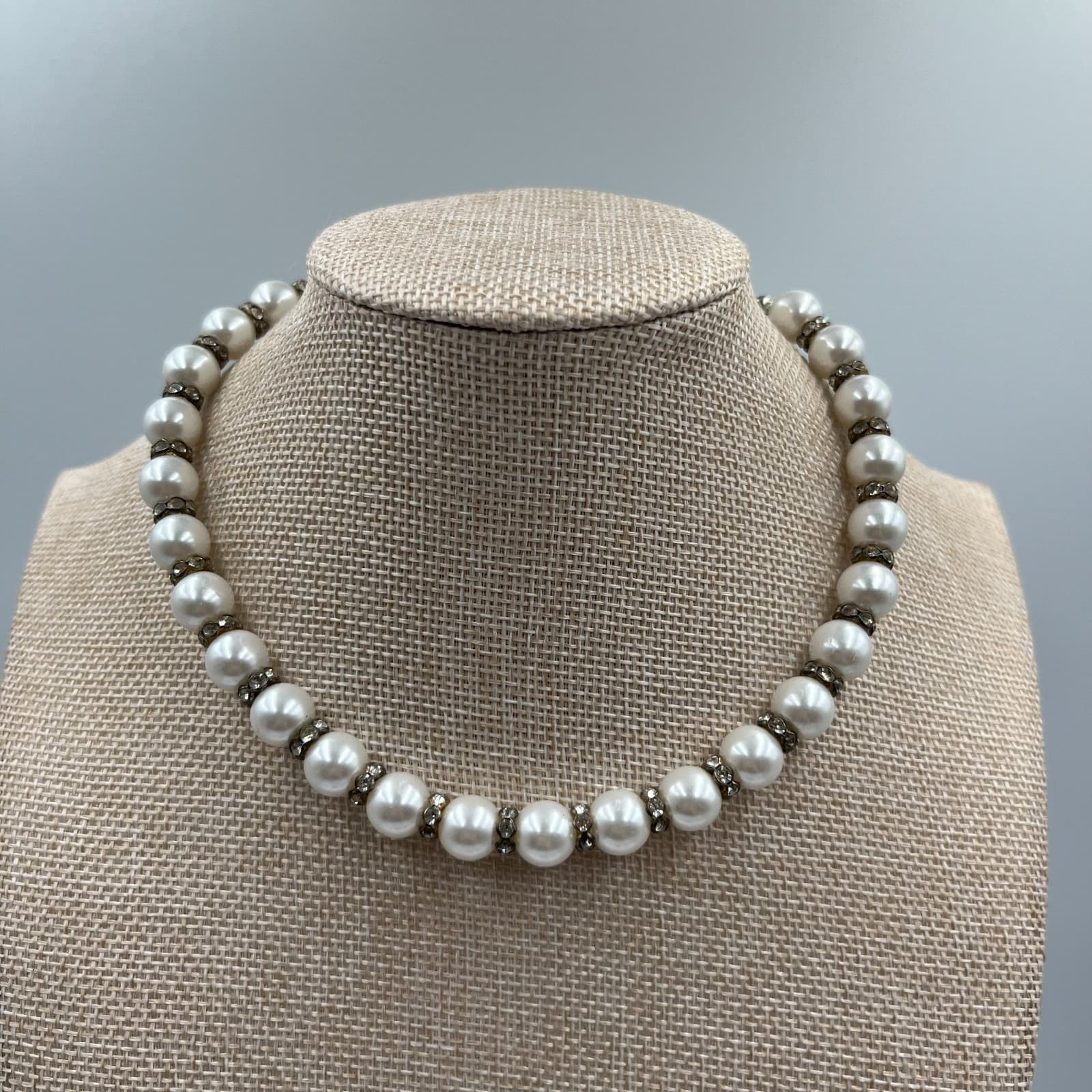 Vintage 3-Strand Faux Pearl Necklace Rhinestone Rondelles Wedding Jewelry 1950s - Image 1