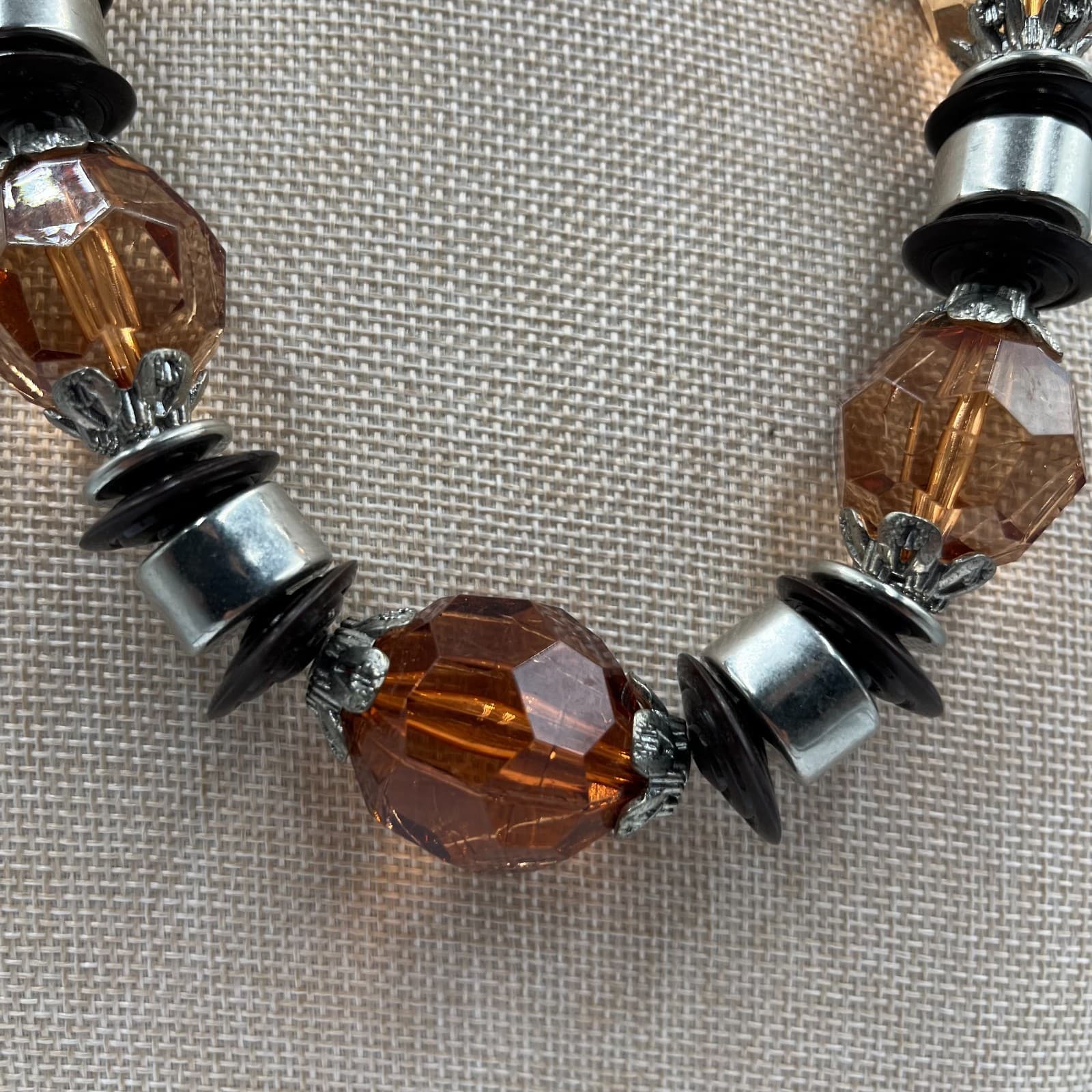 Vtg Amber & Black Beaded Necklace Large Faceted Chunky Boho Statement Jewelry - Thumbnail 3
