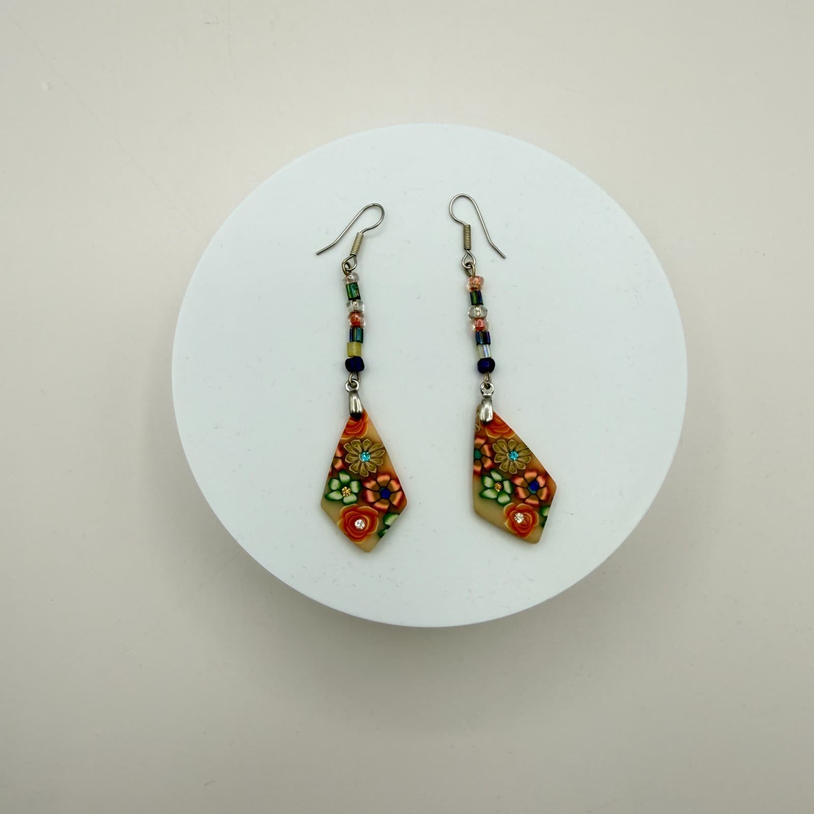 Vintage 80s Exquisite Millefiori Style Polymer Clay Mosaic Earrings Jewelry - Thumbnail 2