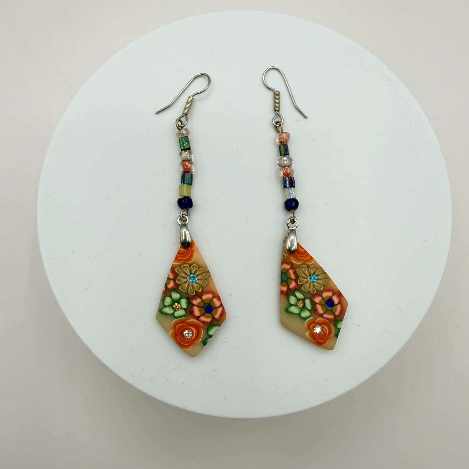 Vintage 80s Exquisite Millefiori Style Polymer Clay Mosaic Earrings Jewelry - Thumbnail 3
