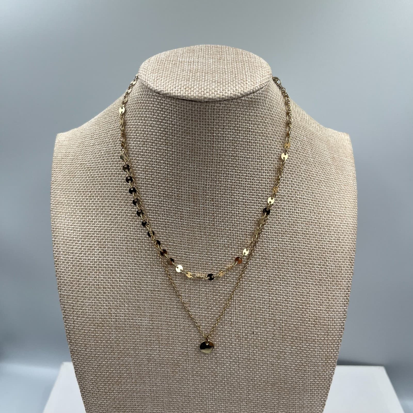 Vintage Gold Tone Double Layer Disc Pendant Necklace Boho Multi Strand Chain - Image 1