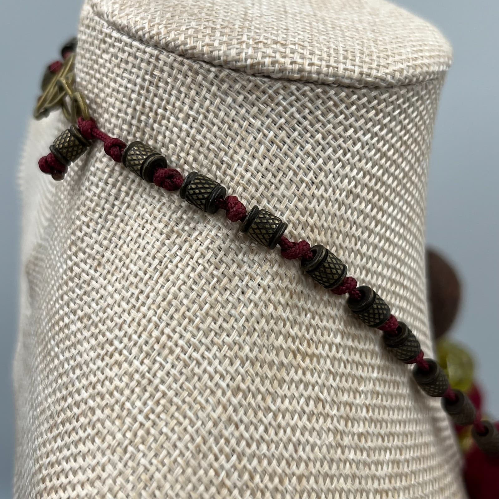 Vintage Felt Ball Art Glass Bead Necklace Statement Boho Artisan Textile Jewelry - Thumbnail 8