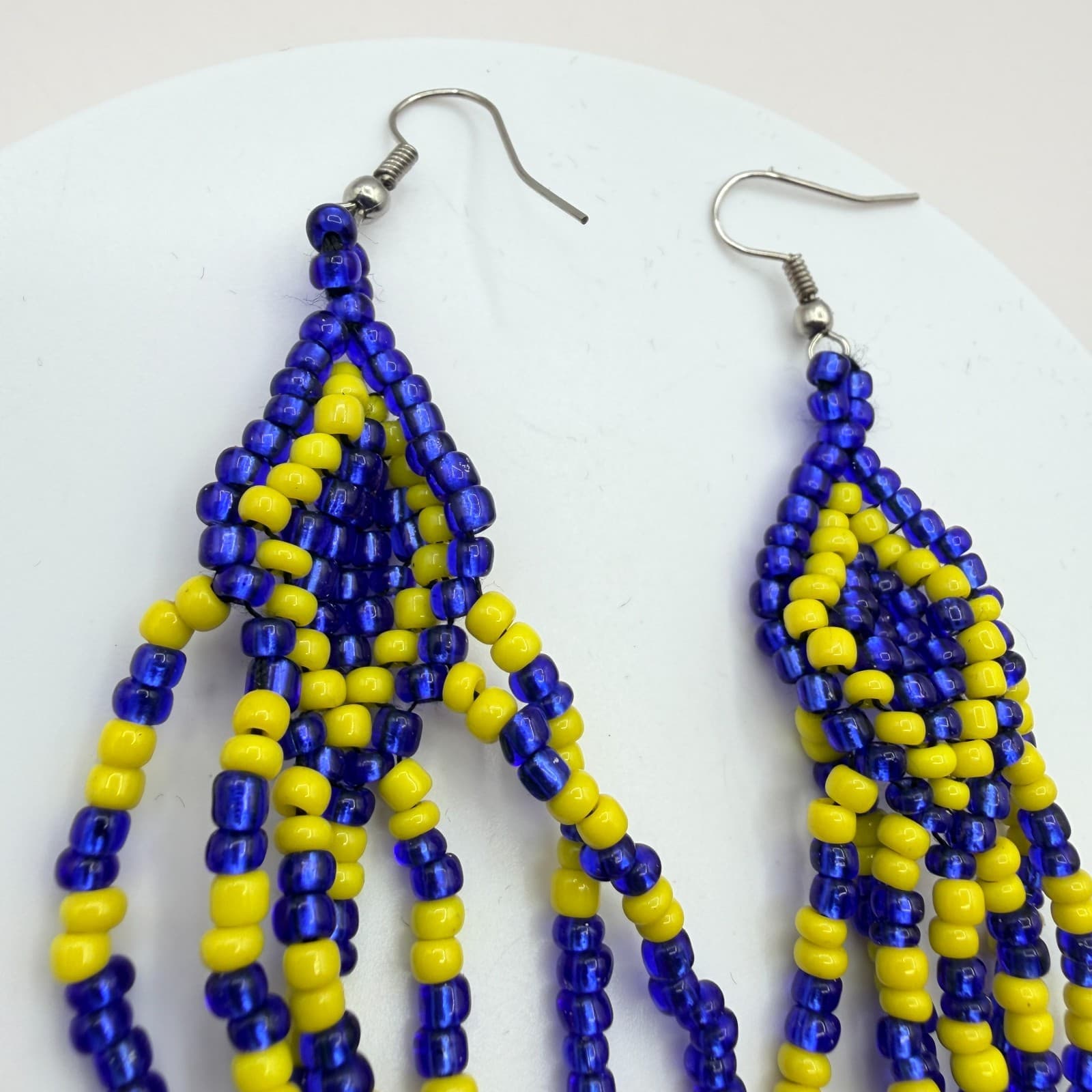 Vintage 80s Ukrainian Flag Beaded Earrings Blue & Yellow Statement Pair Jewelry - Thumbnail 4