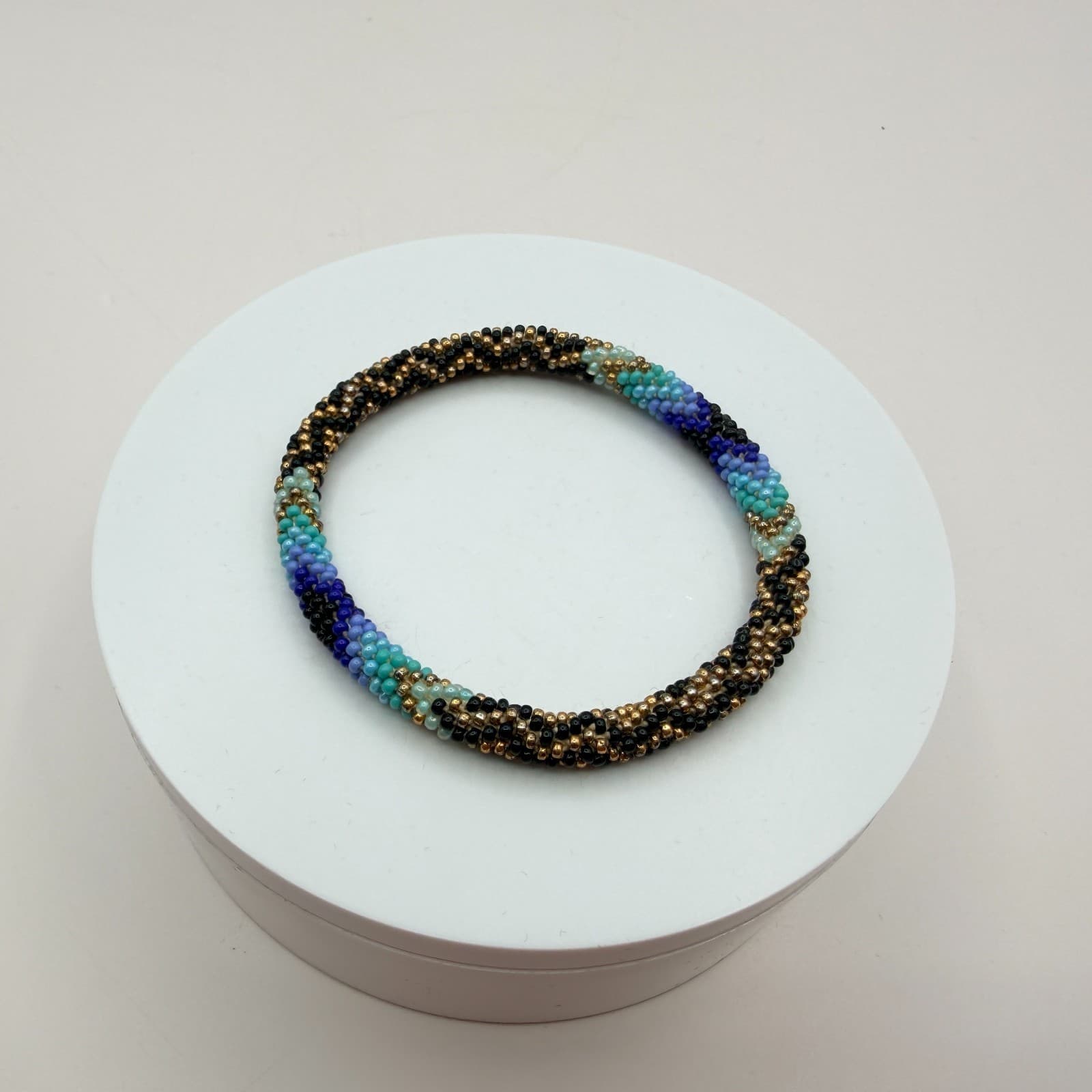 Vintage Y2K Boho Artisan Blue Spiral Seed Bead Crochet Rope Bracelet Jewelry - Thumbnail 5