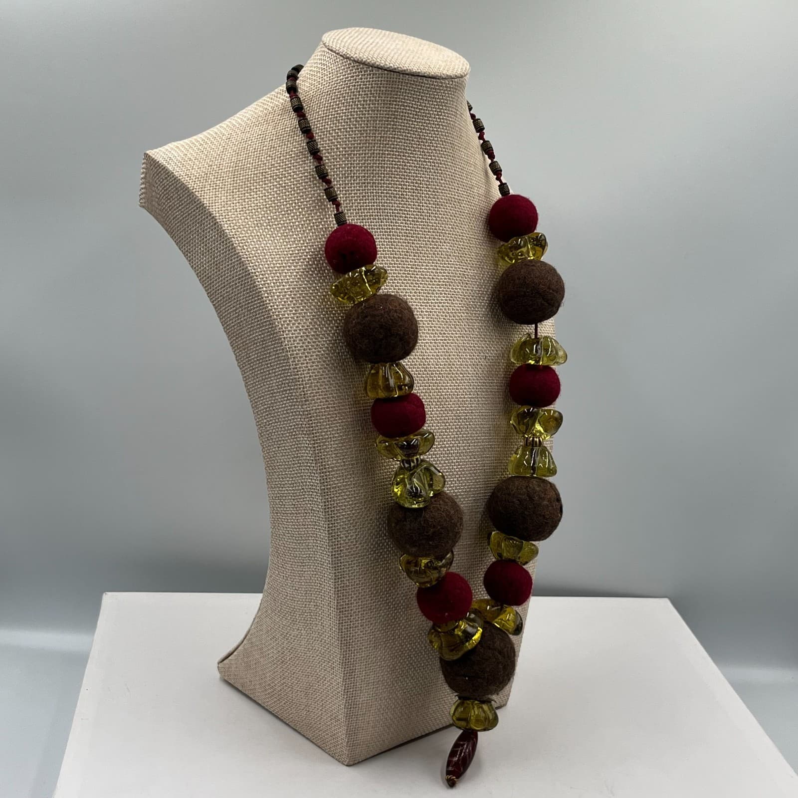 Vintage Felt Ball Art Glass Bead Necklace Statement Boho Artisan Textile Jewelry - Thumbnail 7