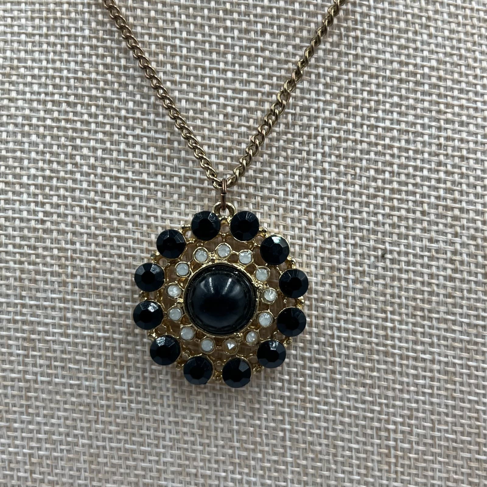 Vintage Black Flower Statement Necklace Rhinestone Pendant Silver Tone Retro 18” - Thumbnail 3