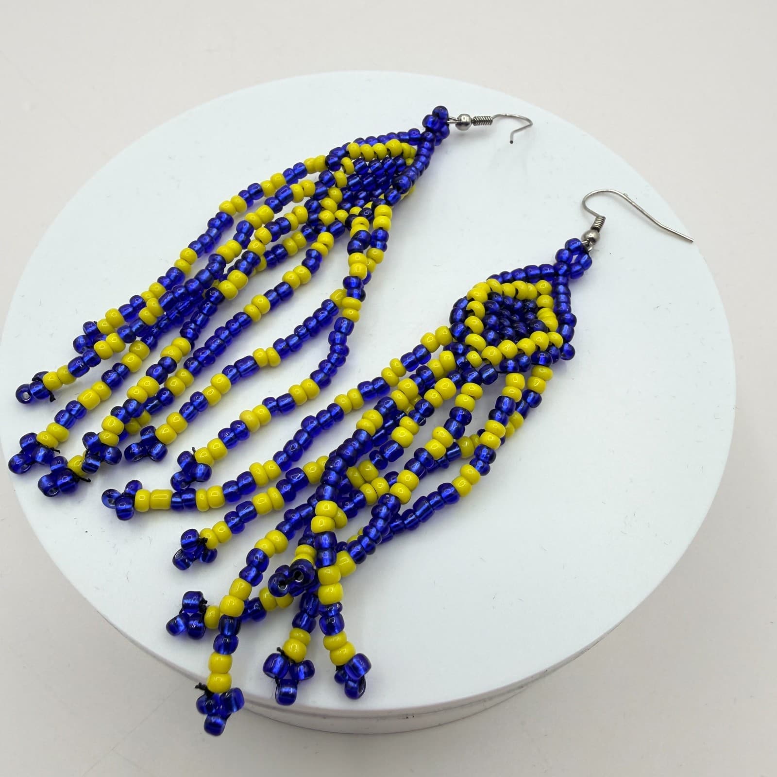 Vintage 80s Ukrainian Flag Beaded Earrings Blue & Yellow Statement Pair Jewelry - Thumbnail 5