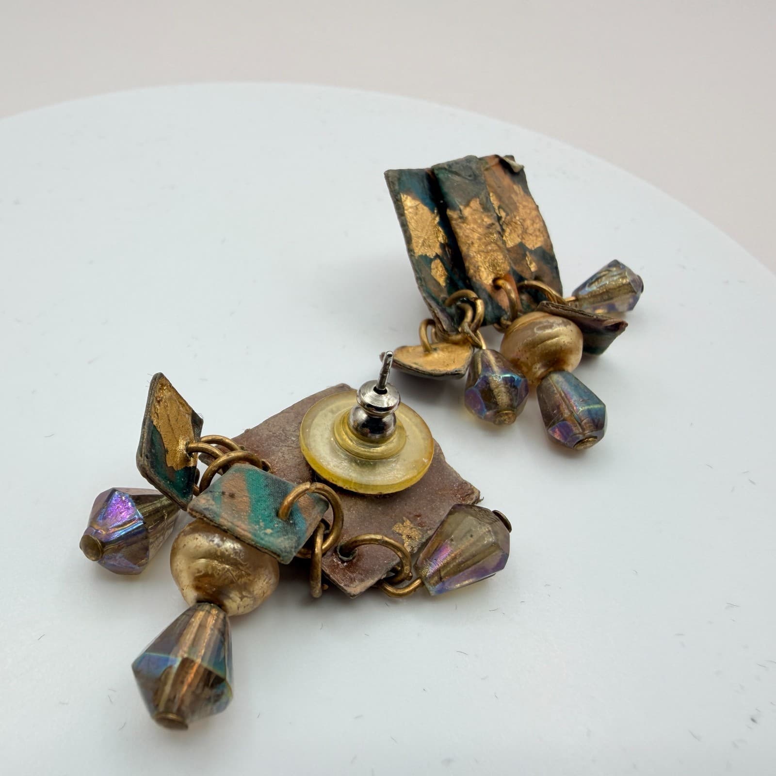 Vintage 80s Copper & Gold Tone Leaf Dangle Earrings Iridescent Beaded Jewelry - Thumbnail 8