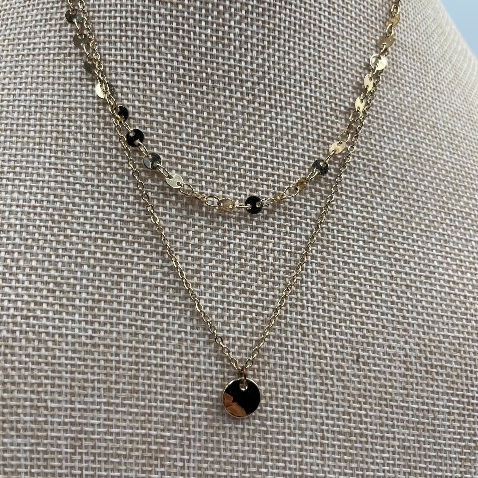 Vintage Gold Tone Double Layer Disc Pendant Necklace Boho Multi Strand Chain - Thumbnail 3