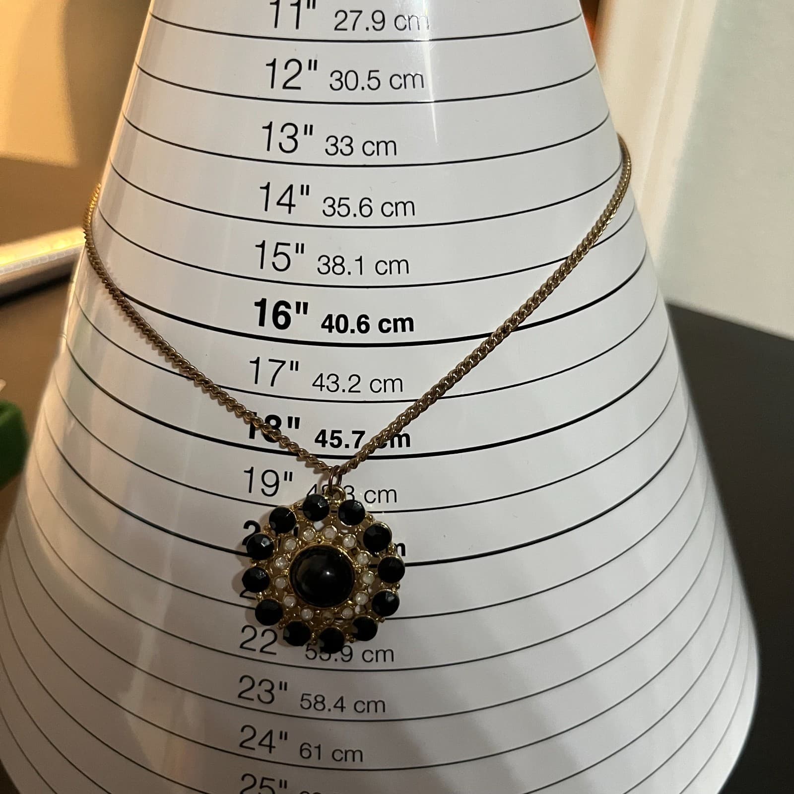 Vintage Black Flower Statement Necklace Rhinestone Pendant Silver Tone Retro 18” - Thumbnail 8