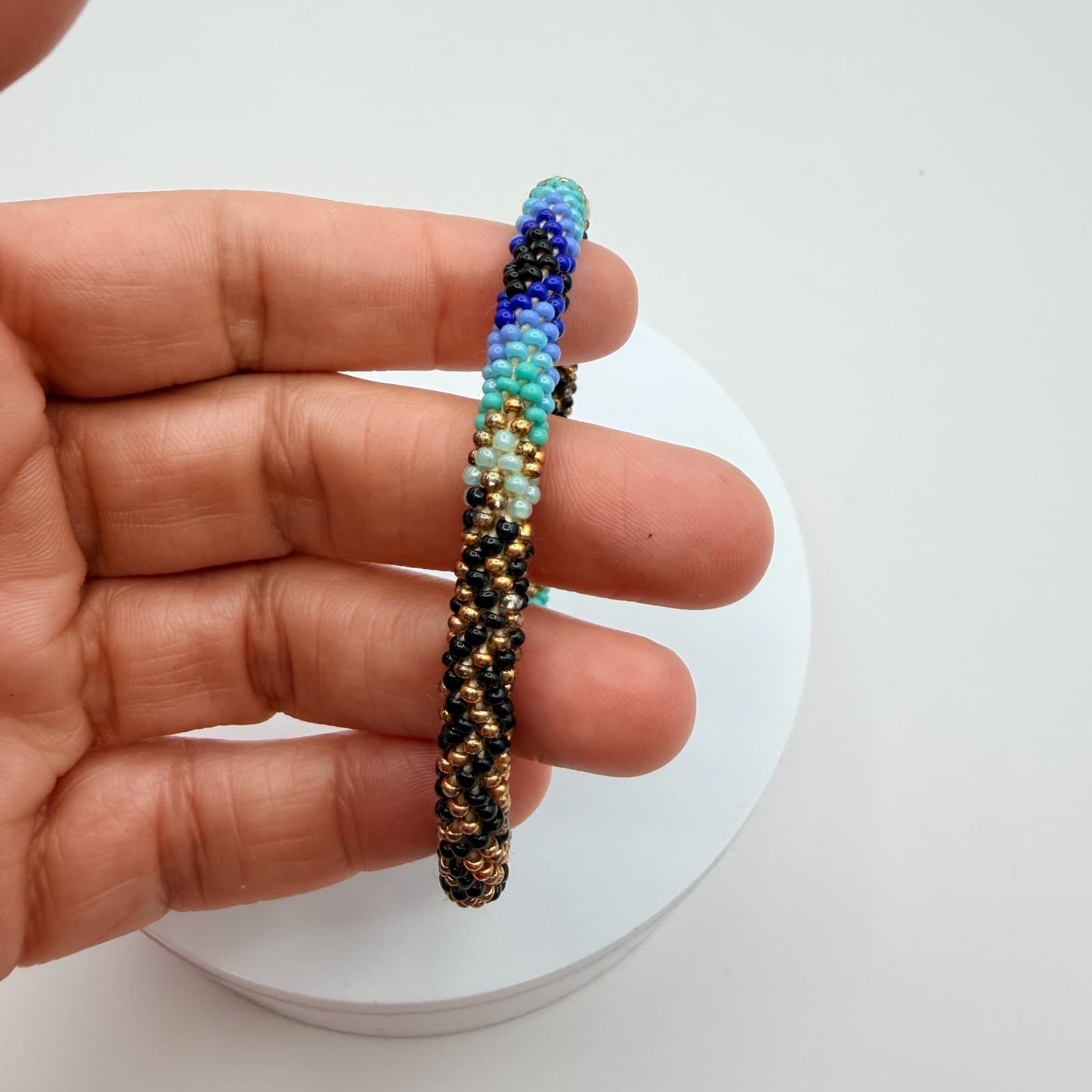 Vintage Y2K Boho Artisan Blue Spiral Seed Bead Crochet Rope Bracelet Jewelry - Thumbnail 3