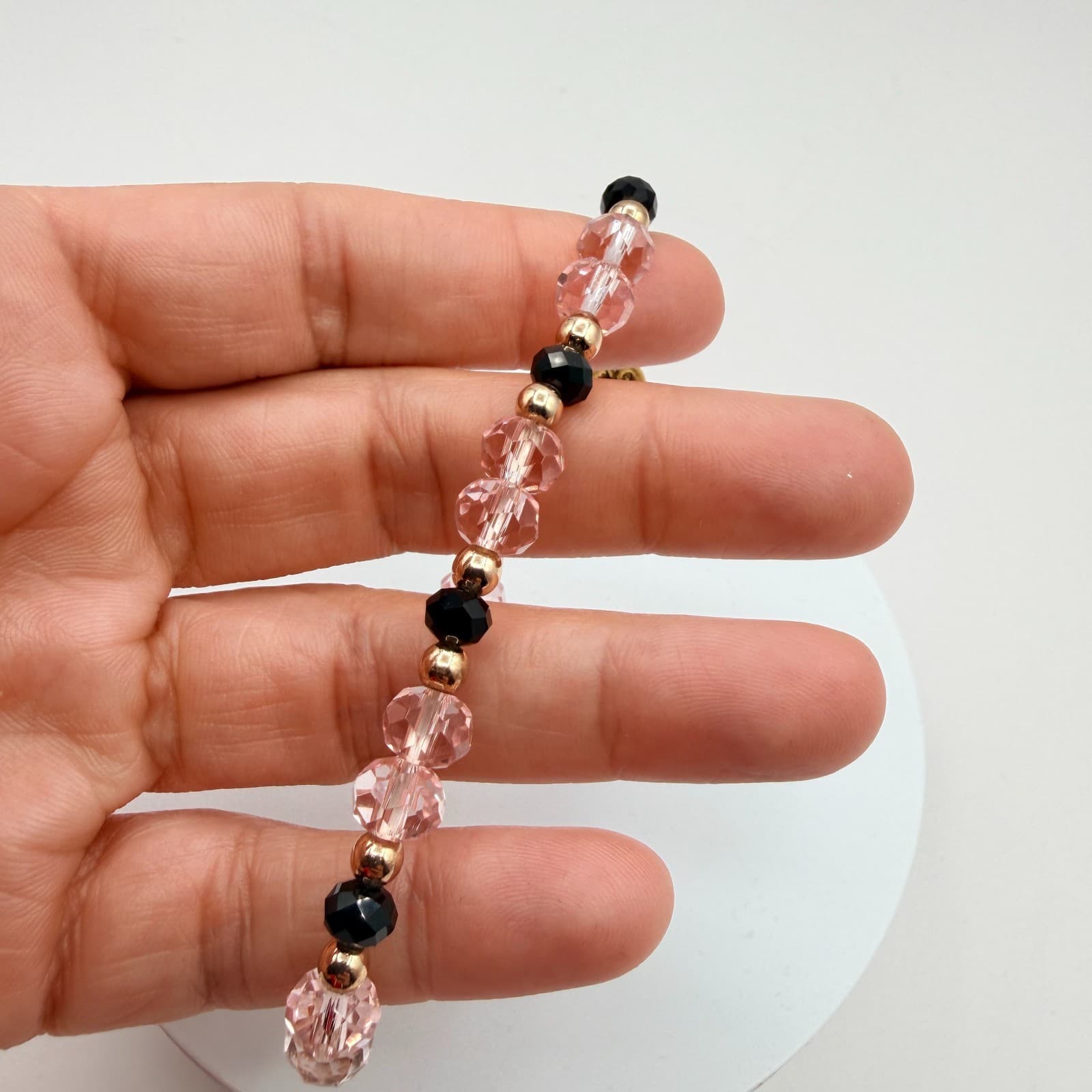 Vintage Y2K Savvy Bling Pink Black Faceted Bead Stretch Bracelet Boho Jewelry - Thumbnail 3