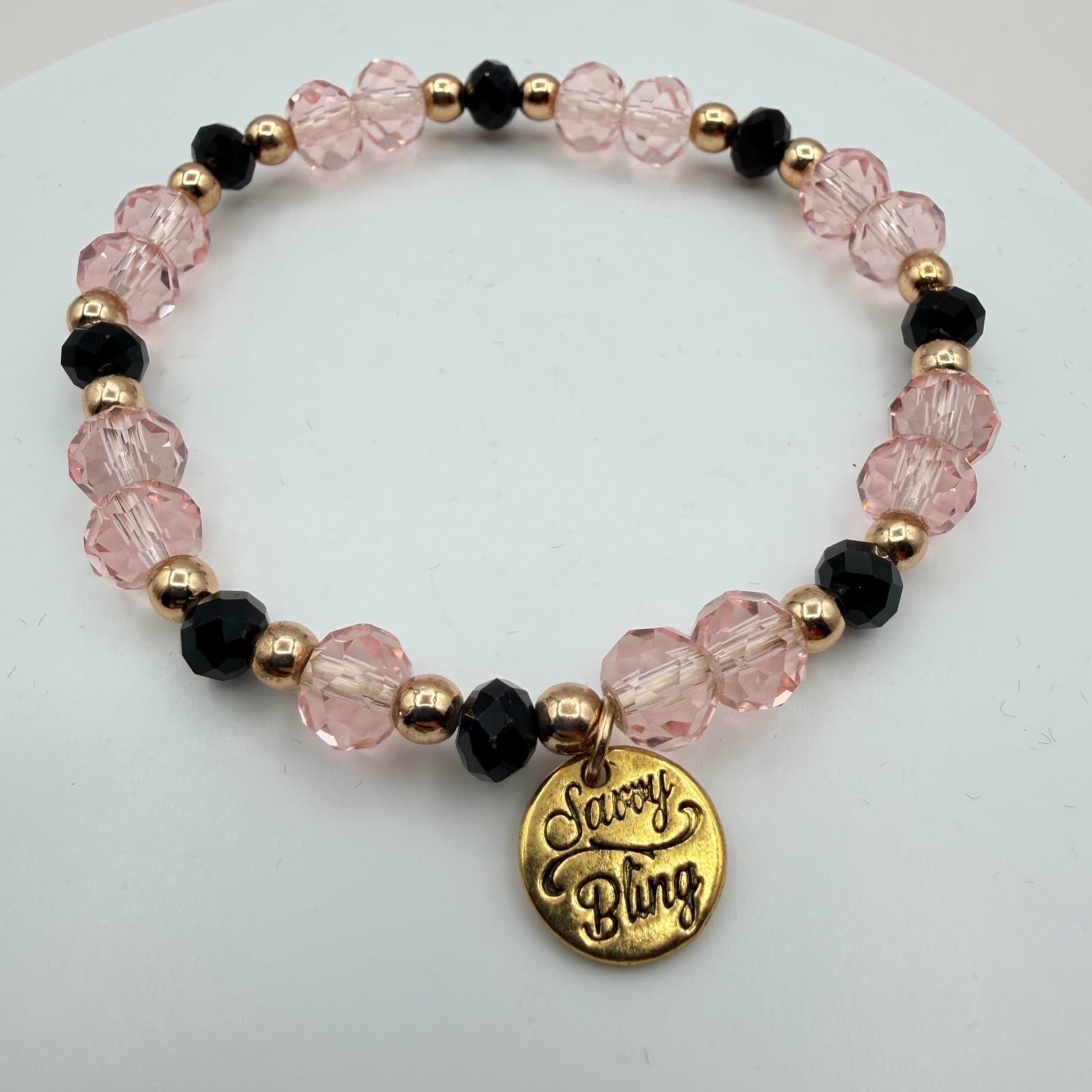 Vintage Y2K Savvy Bling Pink Black Faceted Bead Stretch Bracelet Boho Jewelry - Thumbnail 7