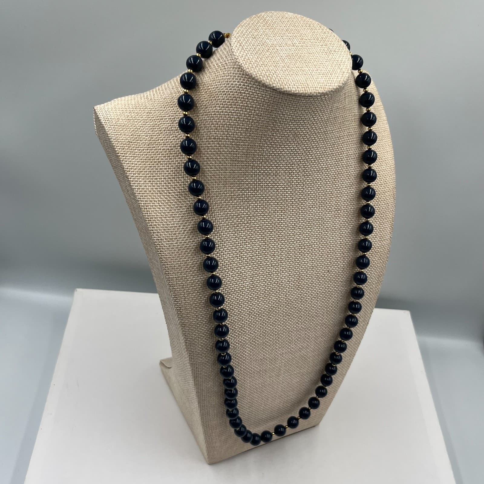 Vintage Black Beaded Necklace Gold Tone Spacer Beads Round Jewelry 24" Strand - Thumbnail 5