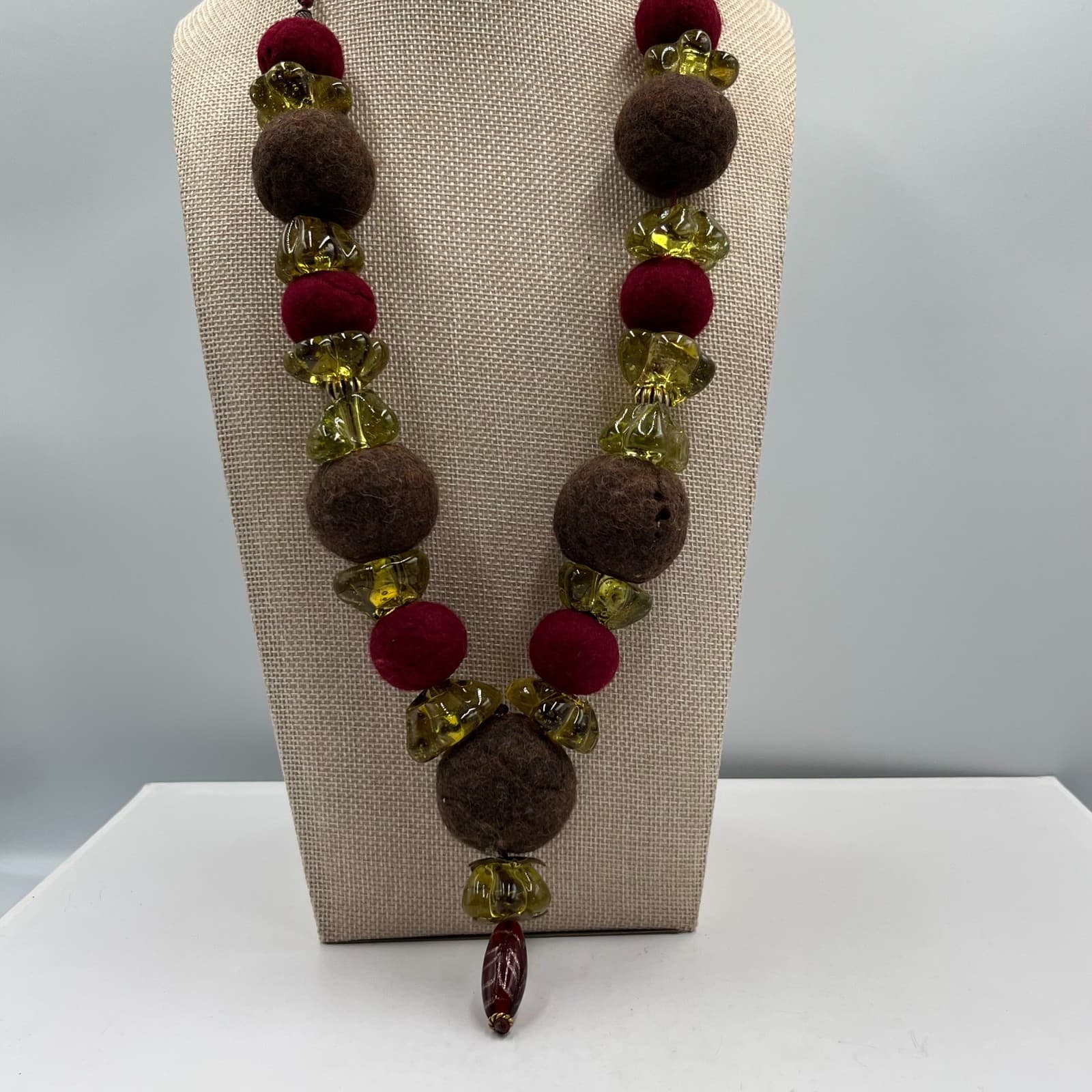 Vintage Felt Ball Art Glass Bead Necklace Statement Boho Artisan Textile Jewelry - Thumbnail 3