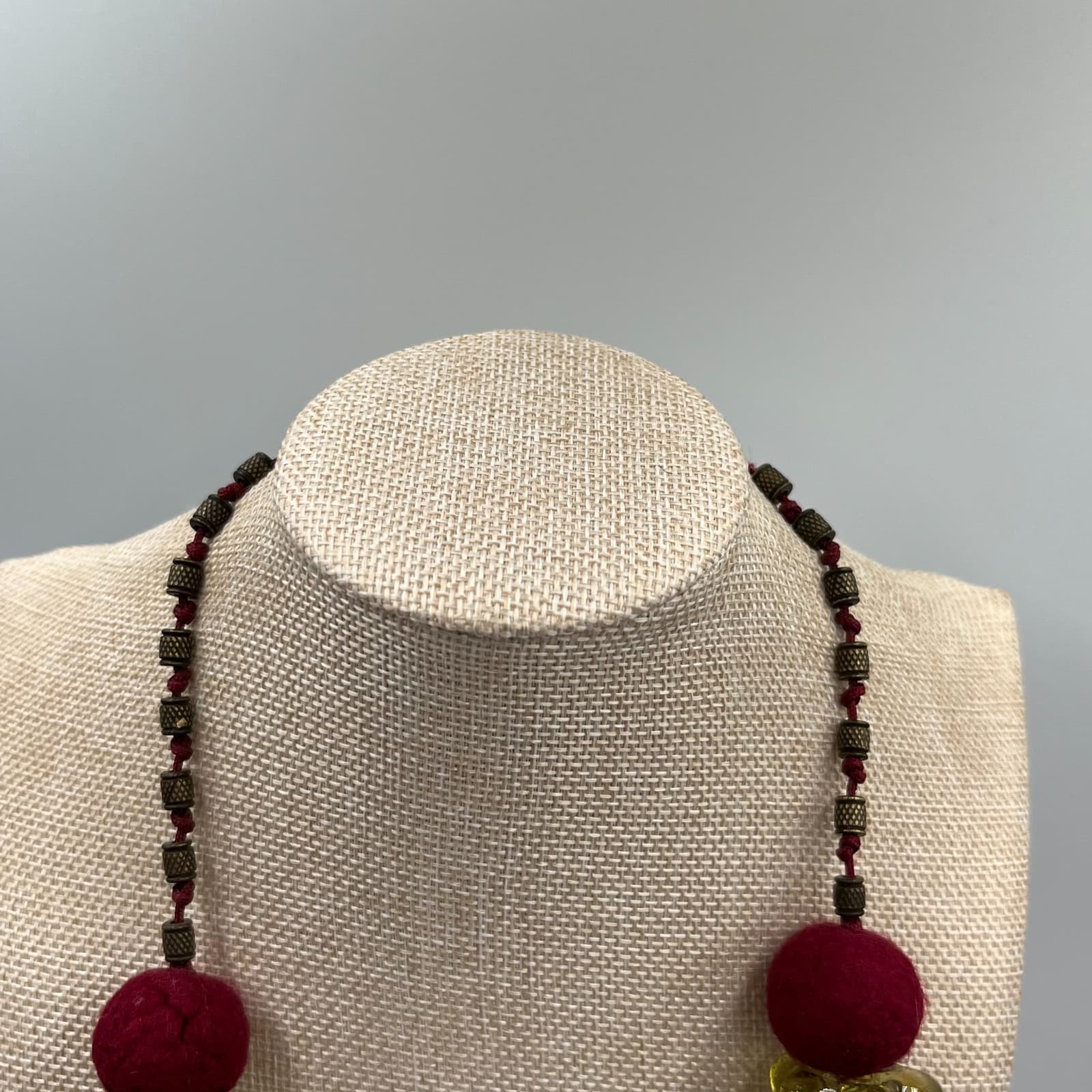 Vintage Felt Ball Art Glass Bead Necklace Statement Boho Artisan Textile Jewelry - Thumbnail 2