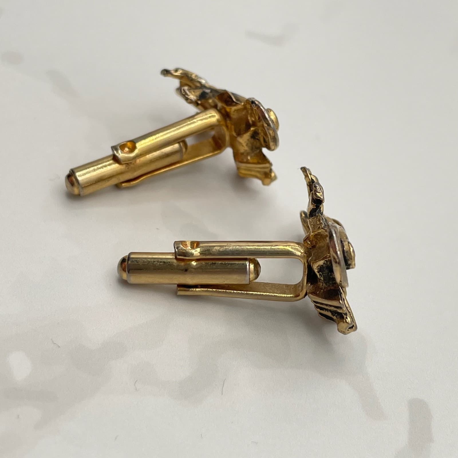 Vintage VTG Novelty Cufflinks Carriage Rickshaw Rider Clear Rhinestone Gold Tone - Thumbnail 5