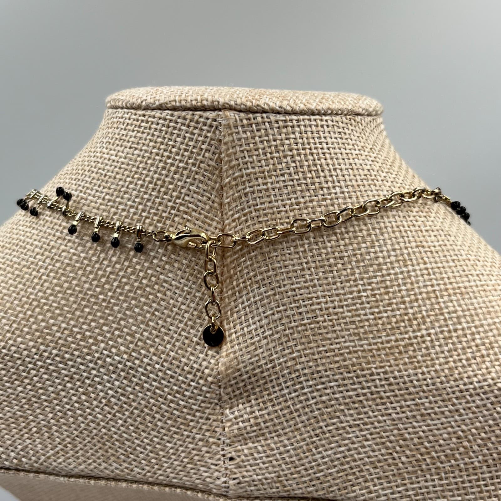 Vintage Gold Tone Fringe Necklace Black Onyx Glass Bead Dangle Shingle Statement - Thumbnail 7