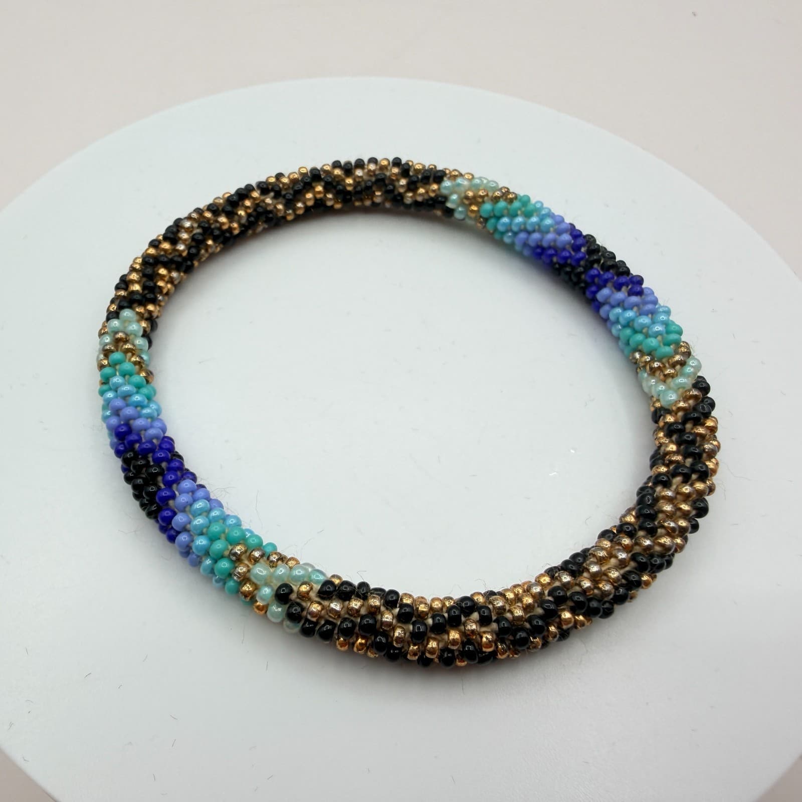 Vintage Y2K Boho Artisan Blue Spiral Seed Bead Crochet Rope Bracelet Jewelry - Thumbnail 4