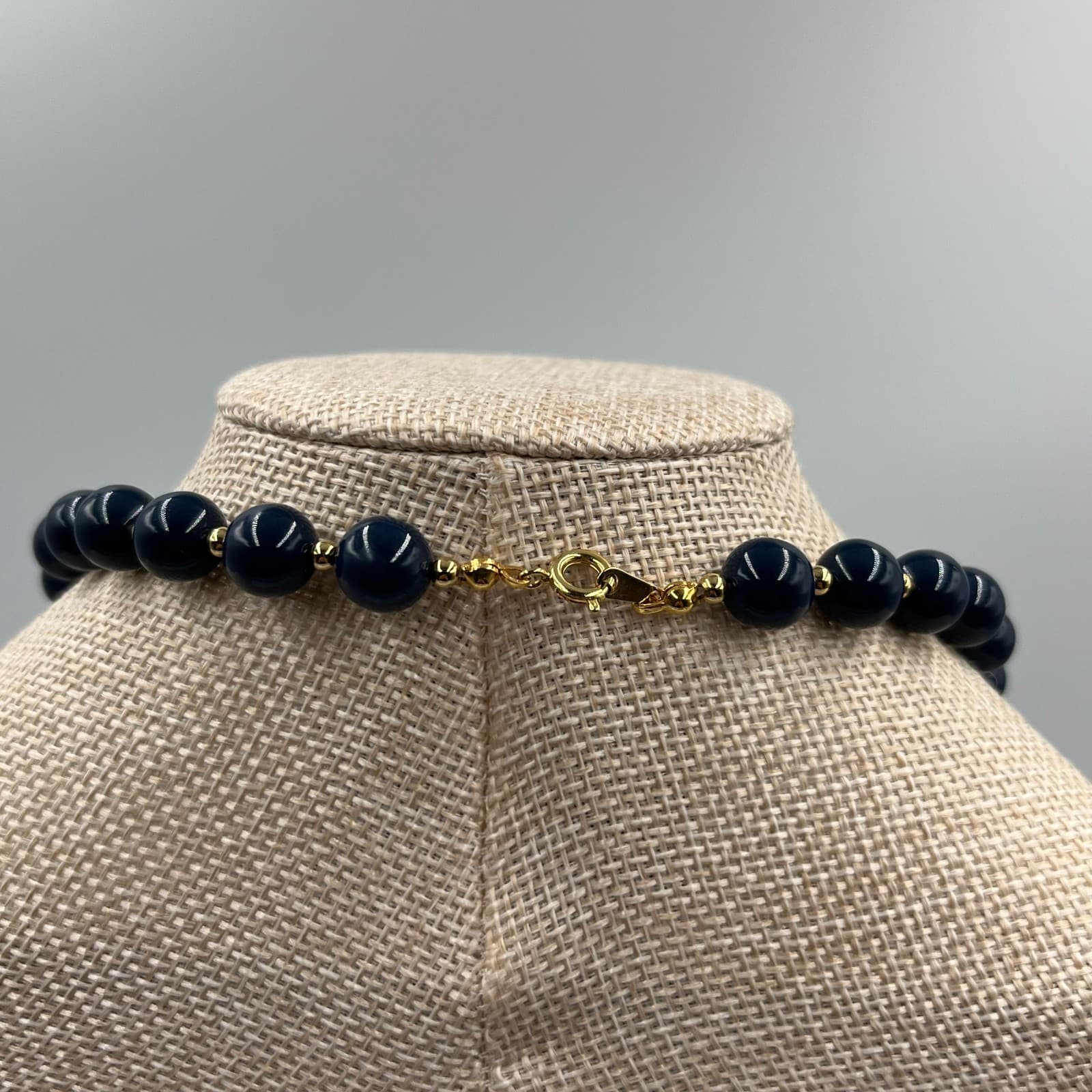 Vintage Black Beaded Necklace Gold Tone Spacer Beads Round Jewelry 24" Strand - Thumbnail 6