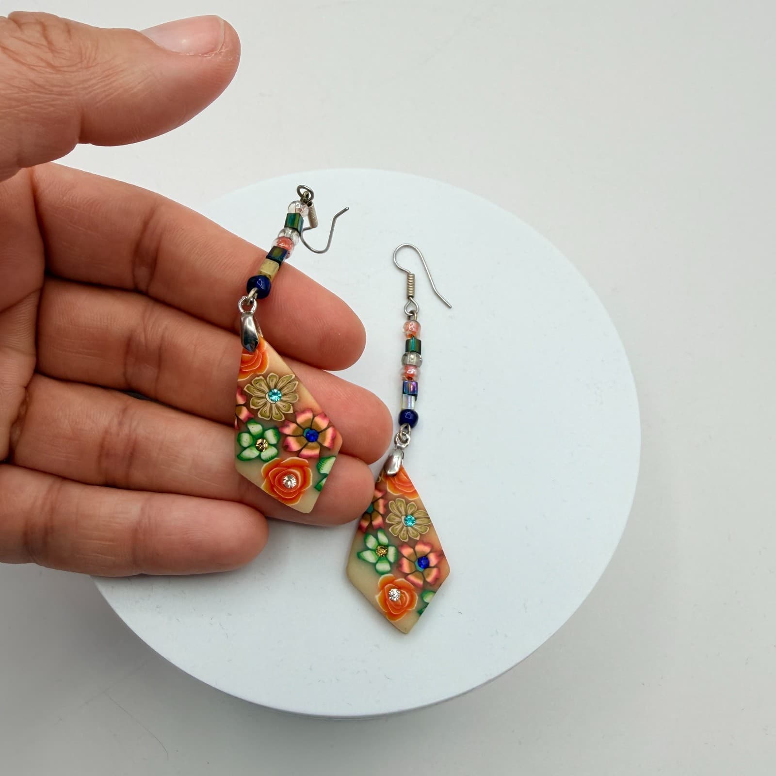 Vintage 80s Exquisite Millefiori Style Polymer Clay Mosaic Earrings Jewelry - Thumbnail 10