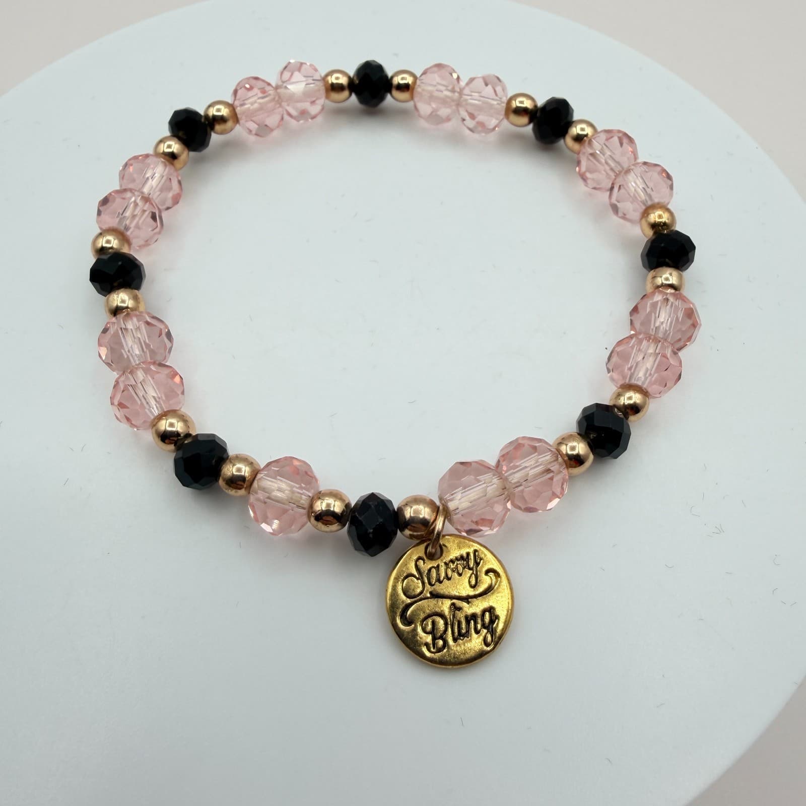 Vintage Y2K Savvy Bling Pink Black Faceted Bead Stretch Bracelet Boho Jewelry - Thumbnail 6