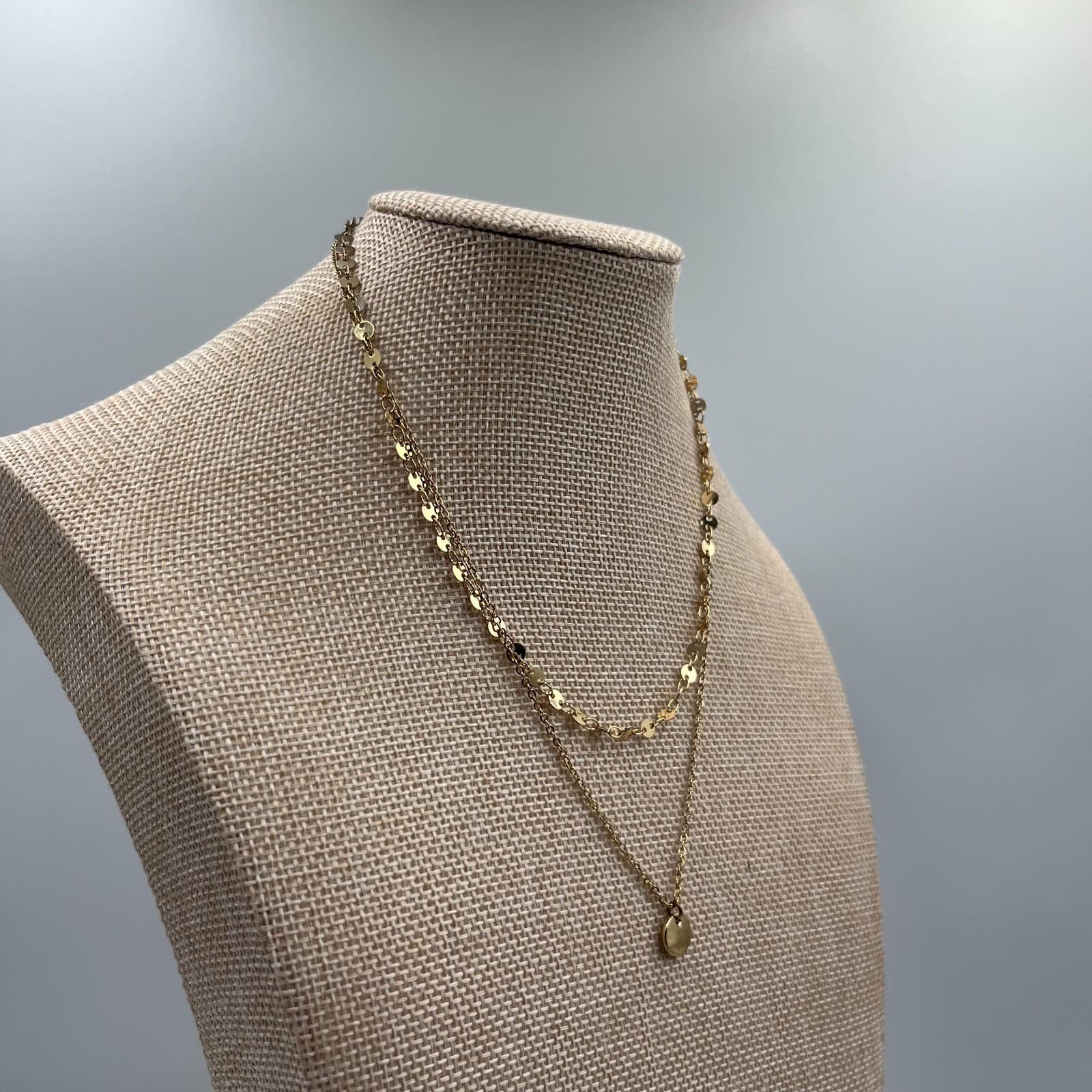 Vintage Gold Tone Double Layer Disc Pendant Necklace Boho Multi Strand Chain - Thumbnail 4