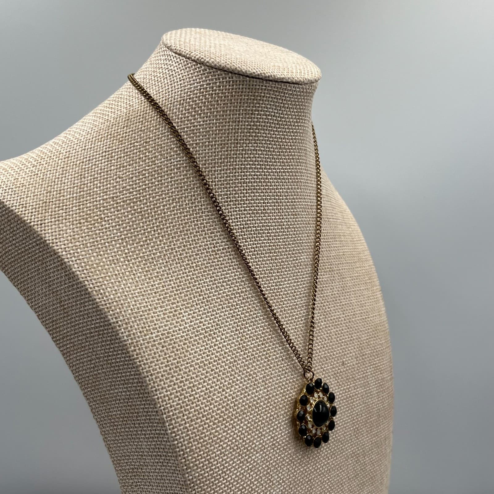 Vintage Black Flower Statement Necklace Rhinestone Pendant Silver Tone Retro 18” - Thumbnail 6